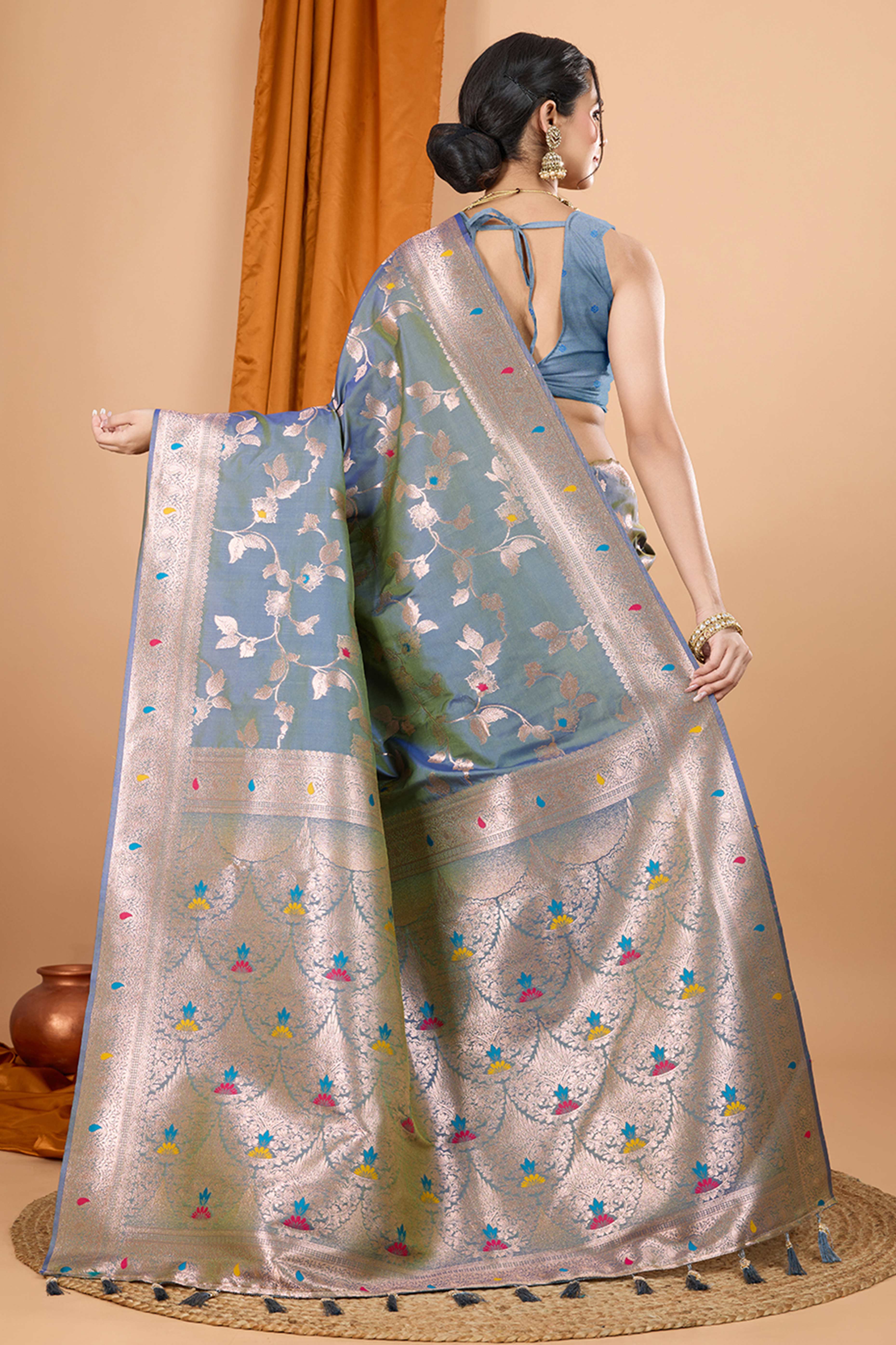Greyish Blue Banarasi Silk Saree With Exquisite Floral Zari Weaving and Elegant Tassels