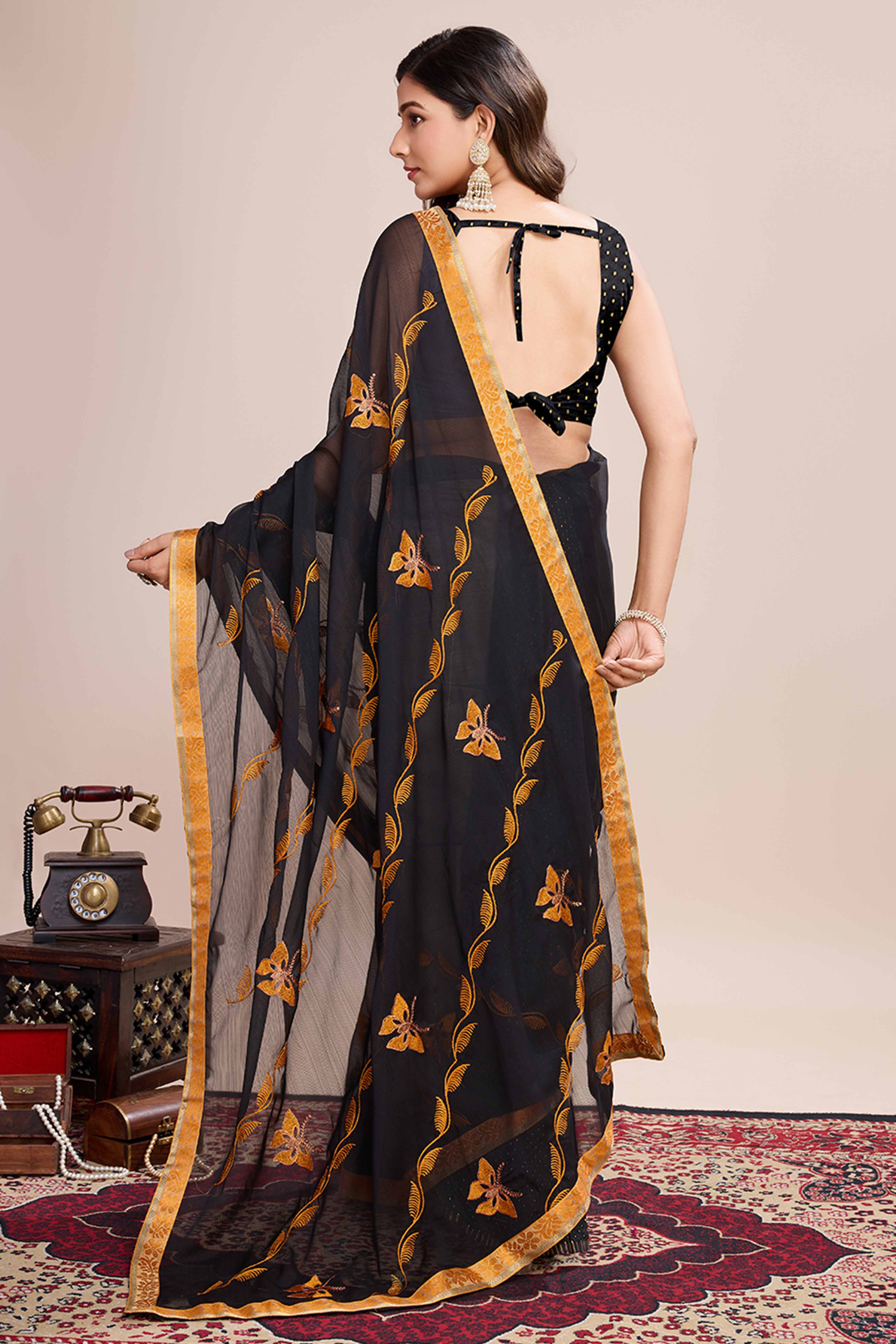 Black Floral Embroidered Georgette Saree