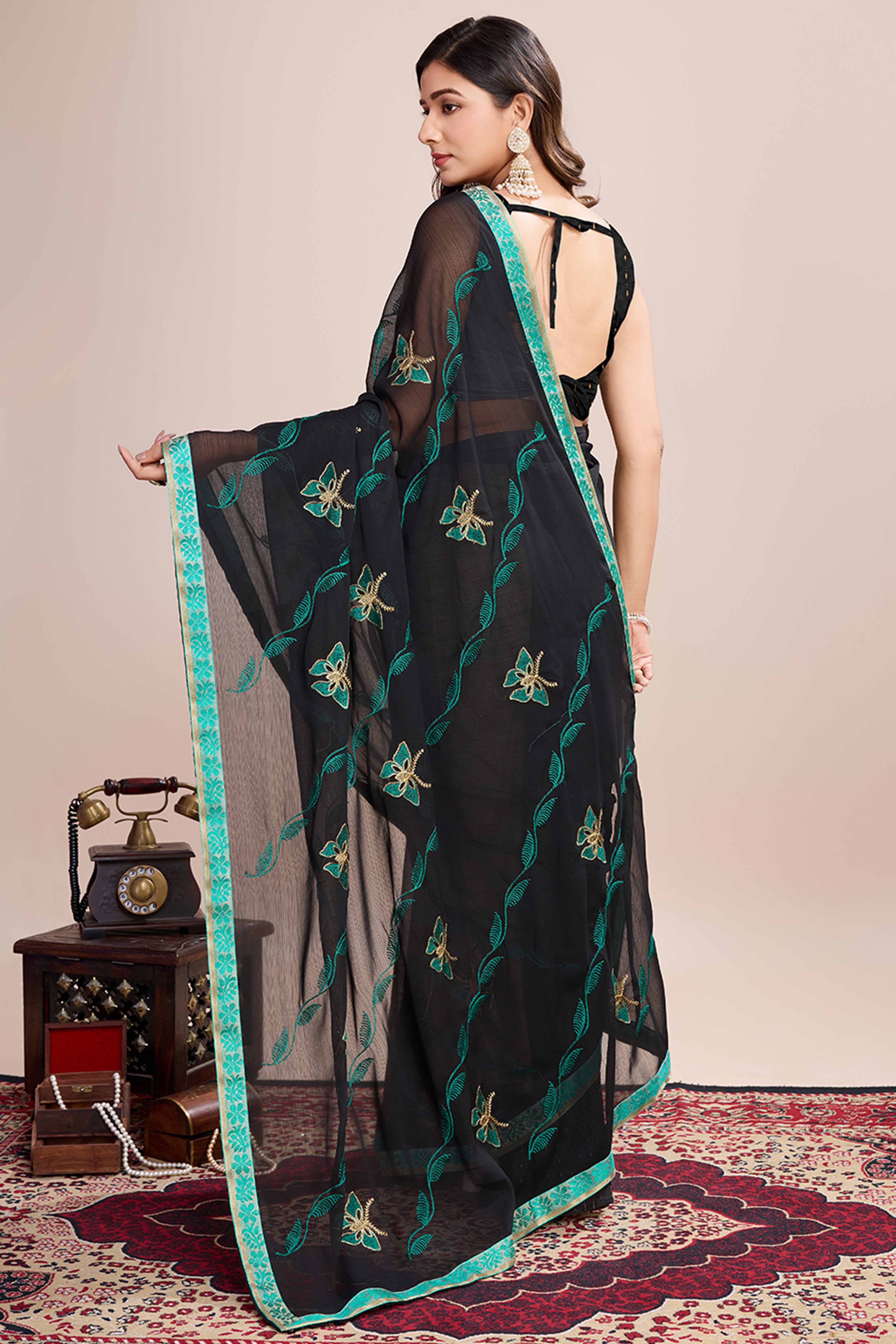 Black Floral Embroidered Georgette Saree