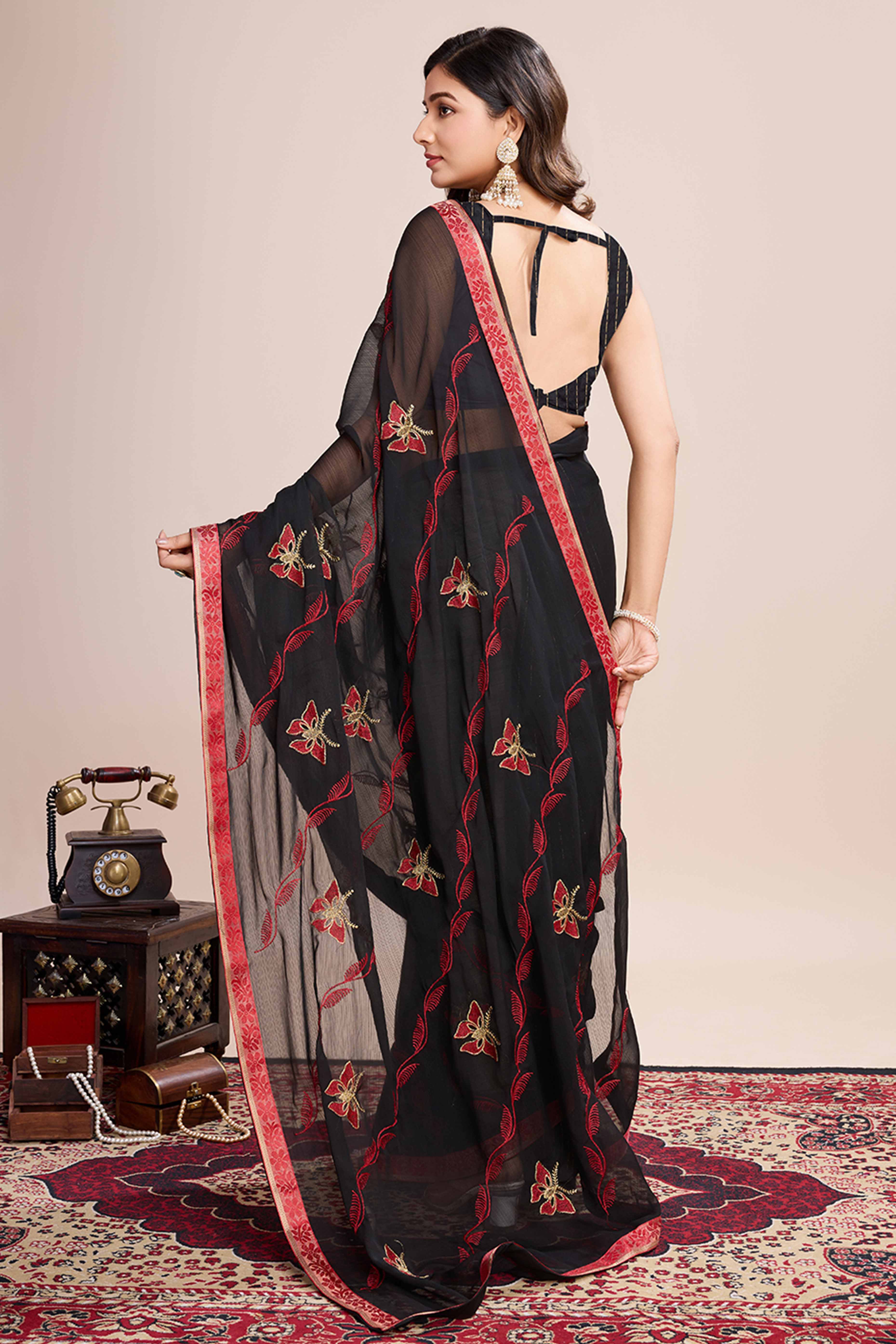 Black Floral Embroidered Georgette Saree