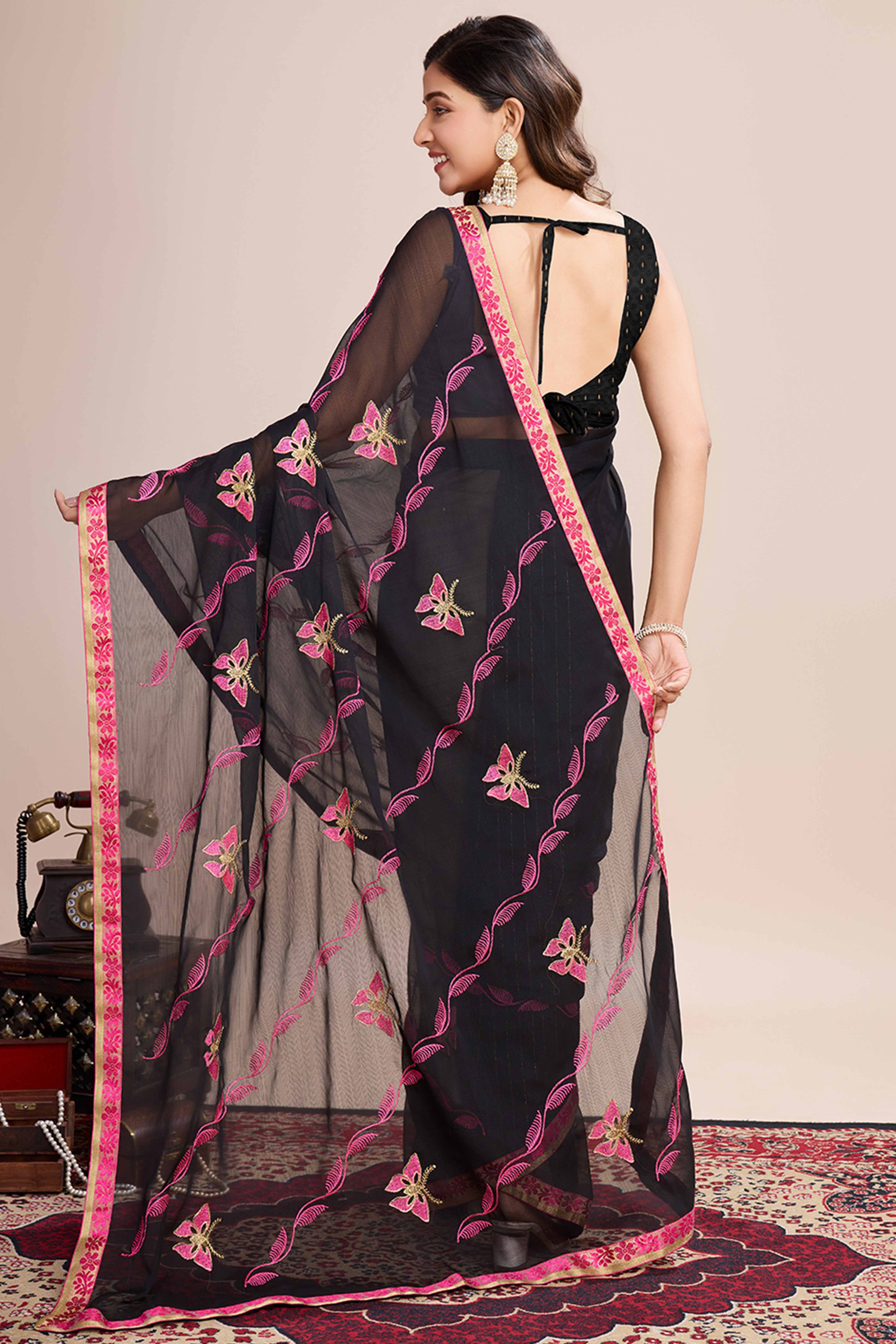 Black Floral Embroidered Georgette Saree