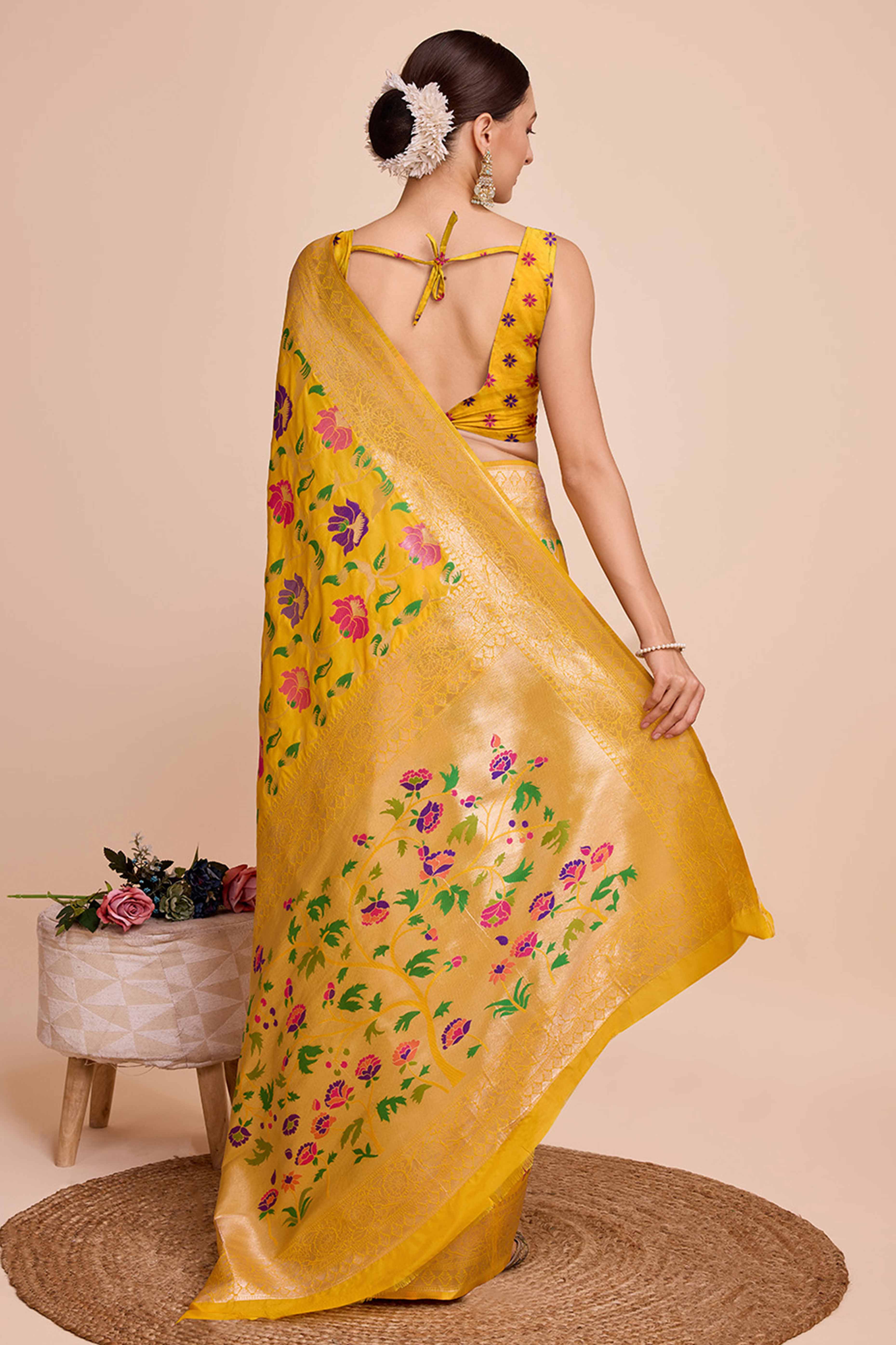 Mustard Floral Zari Weaving Pure Silk Paithani Saree