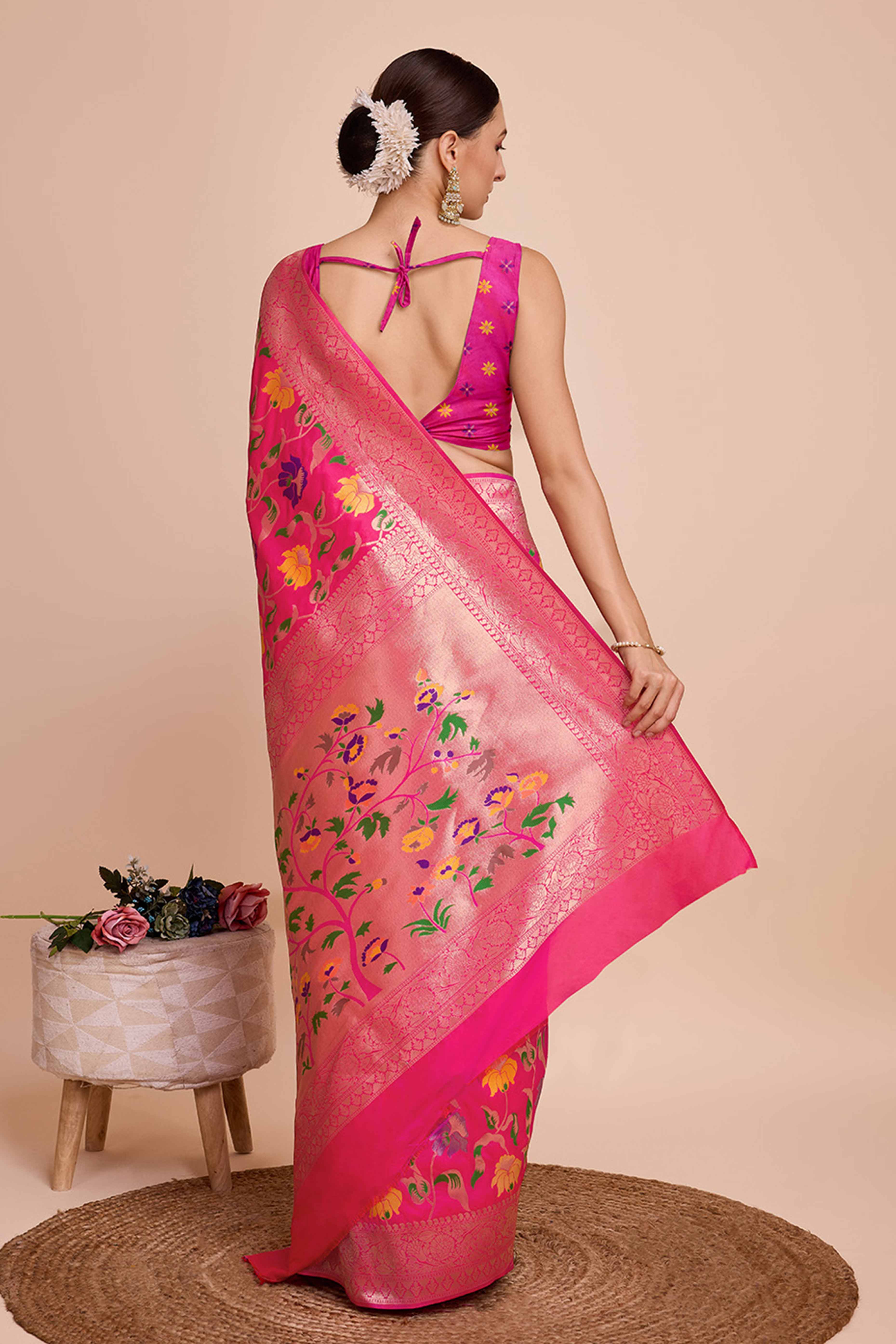 Pink Floral Zari Weaving Pure Silk Paithani Saree