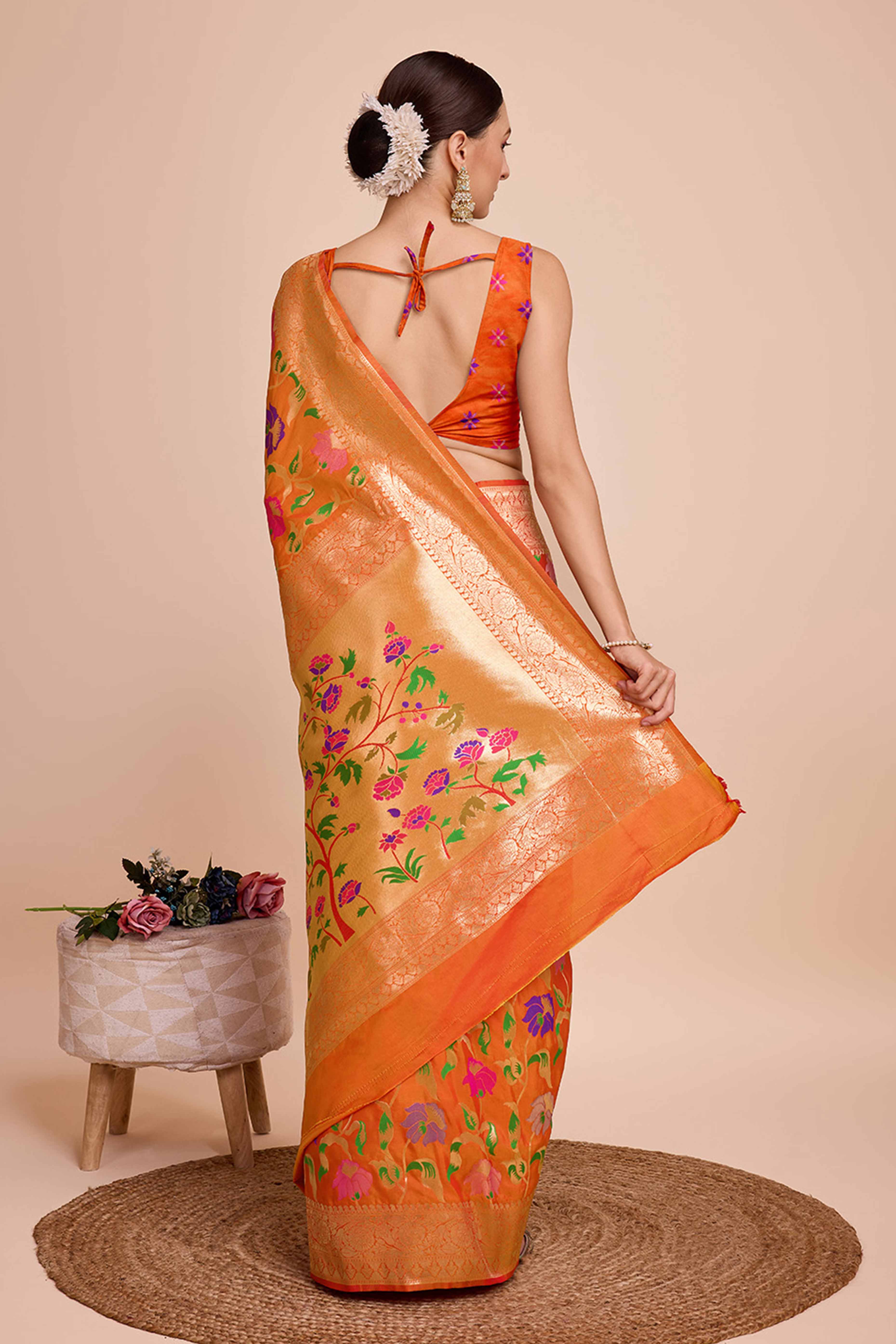 Orange Floral Zari Weaving Pure Silk Paithani Saree