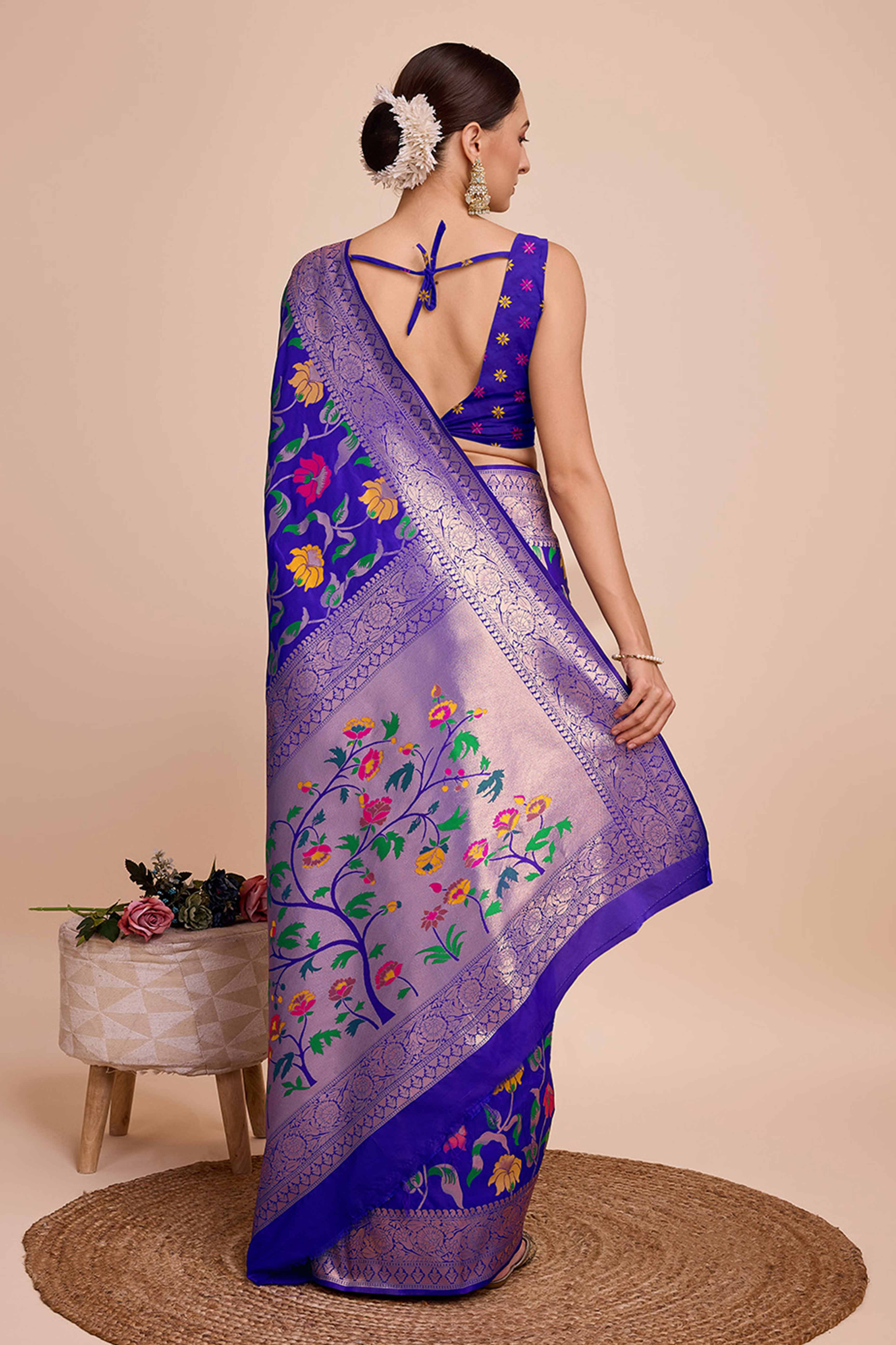 Purple Floral Zari Weaving Pure Silk Paithani Saree