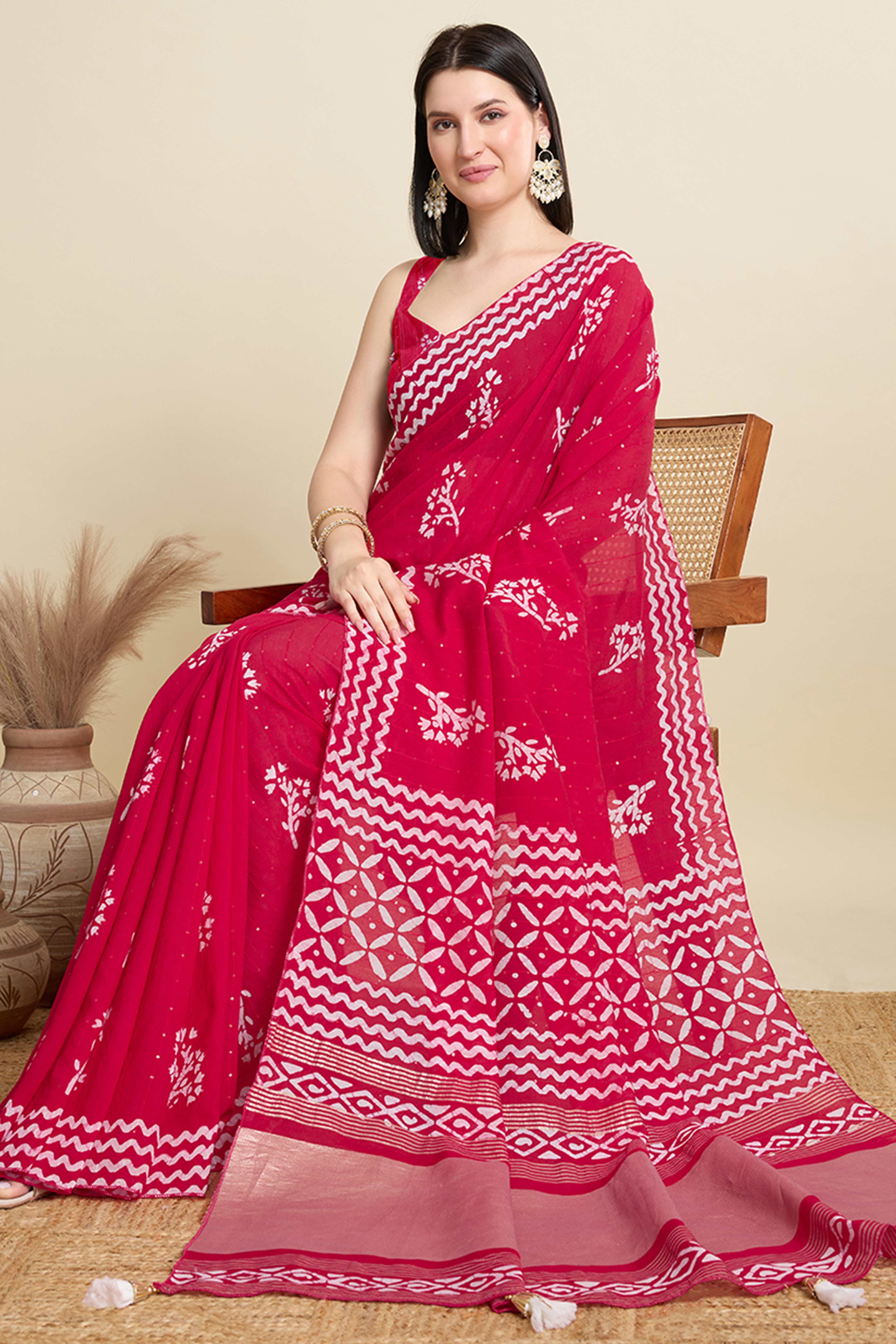 Pink Cotton Blend Saree Featuring Floral Prints and Elegant Sequins Work Accents
