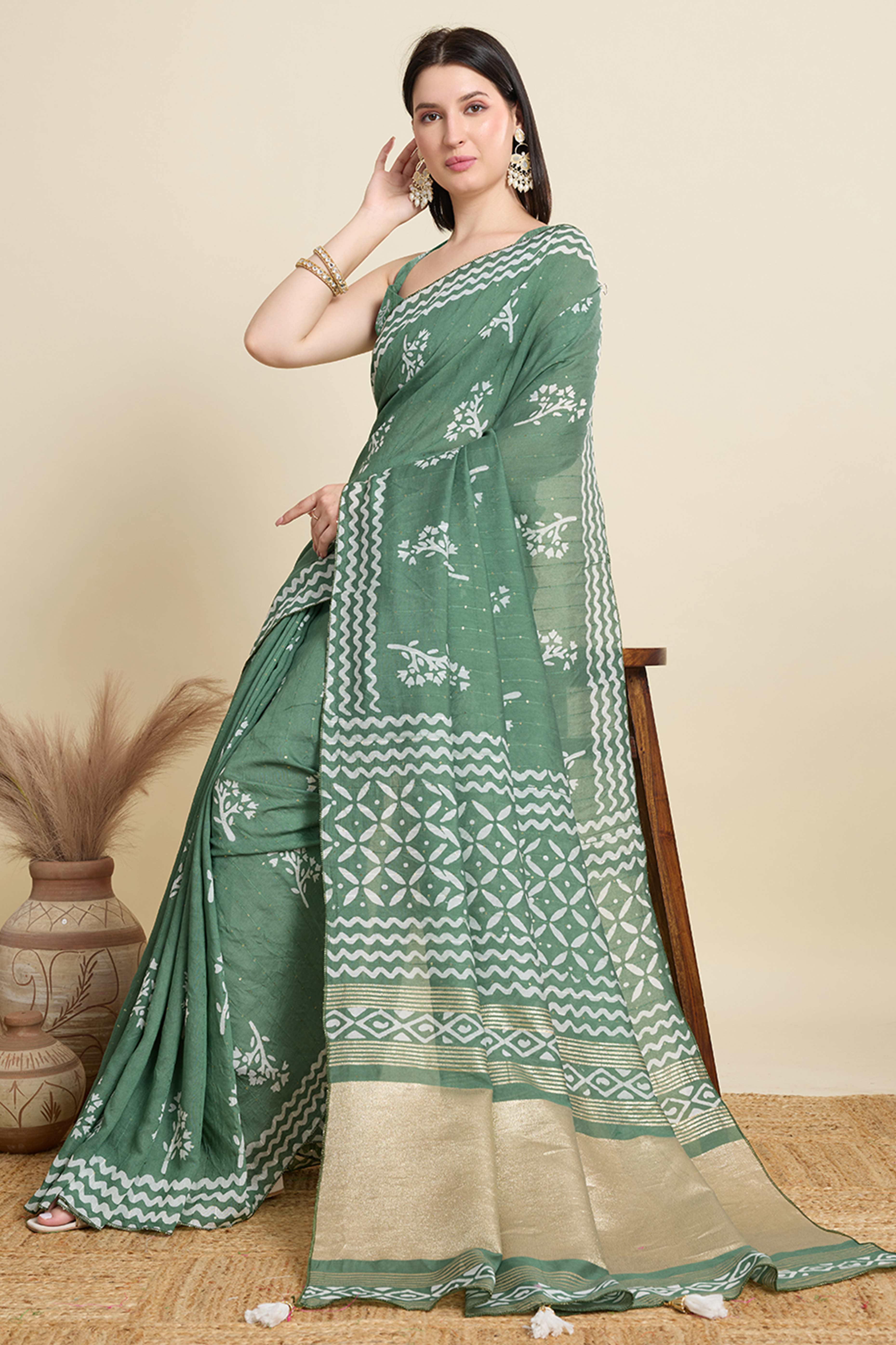 Pista Green Cotton Blend Saree Featuring Floral Prints and Elegant Sequins Work Accents