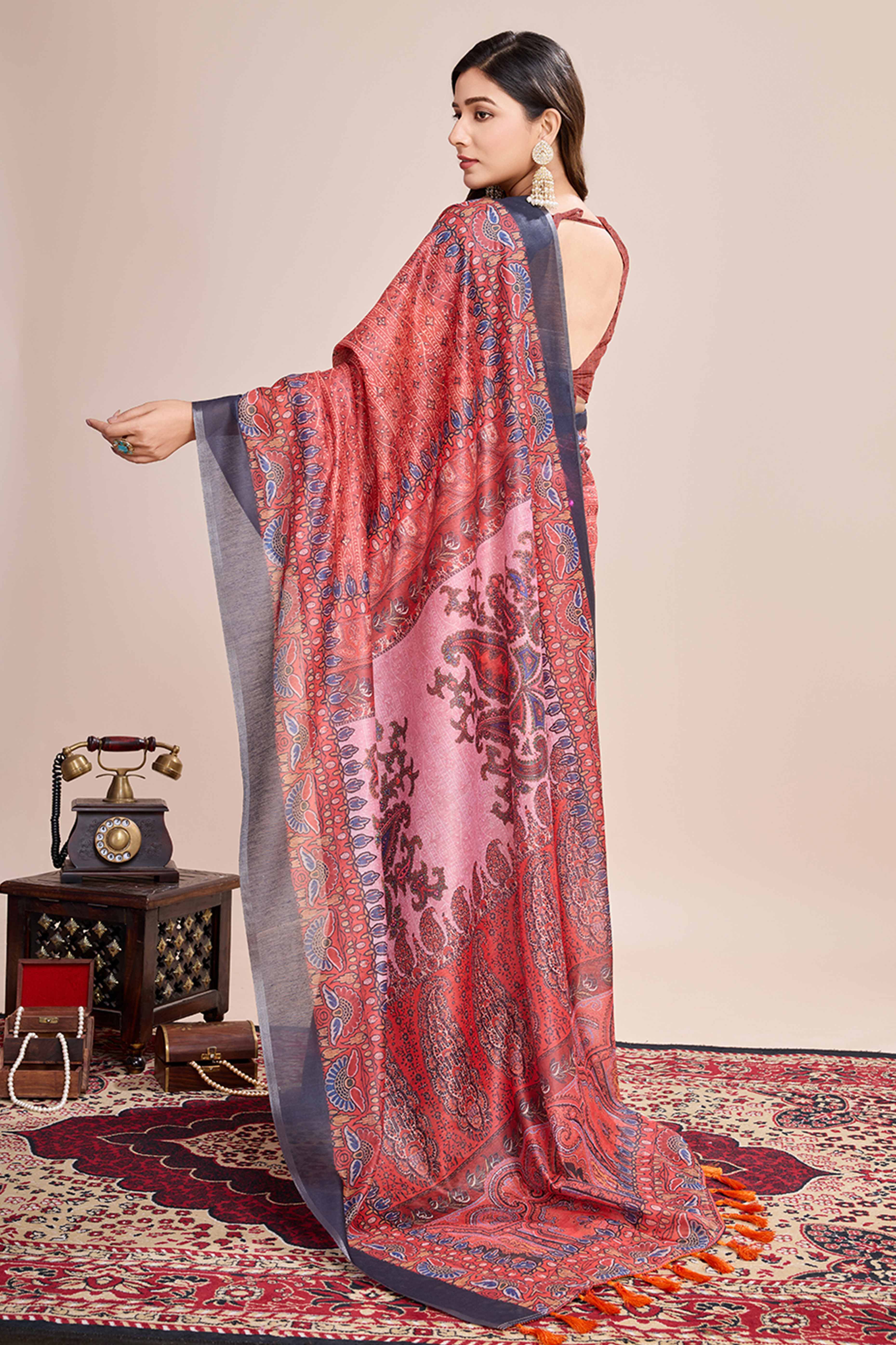 Red Floral Printed Linen Saree