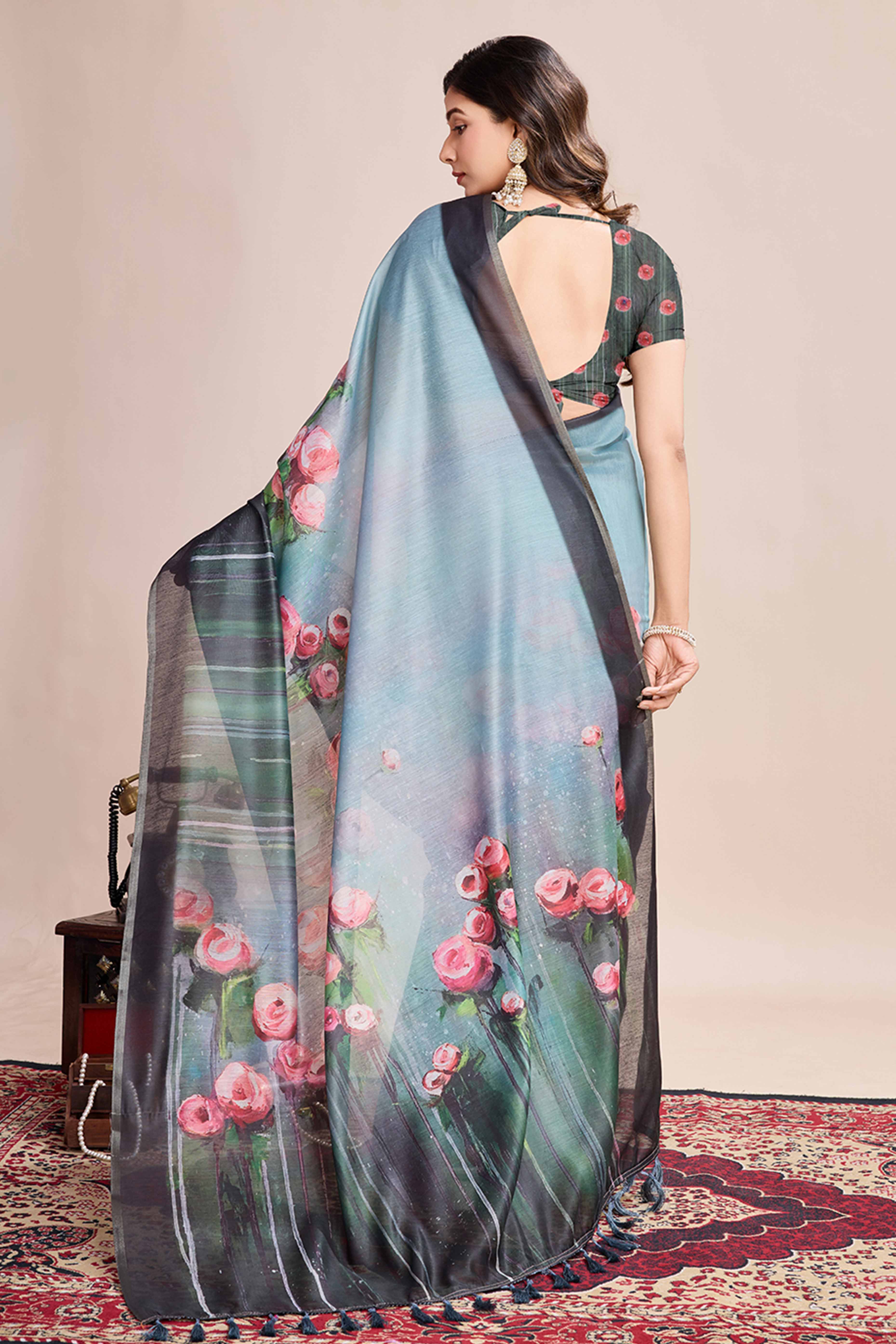 Sky Blue Floral Printed Linen Saree