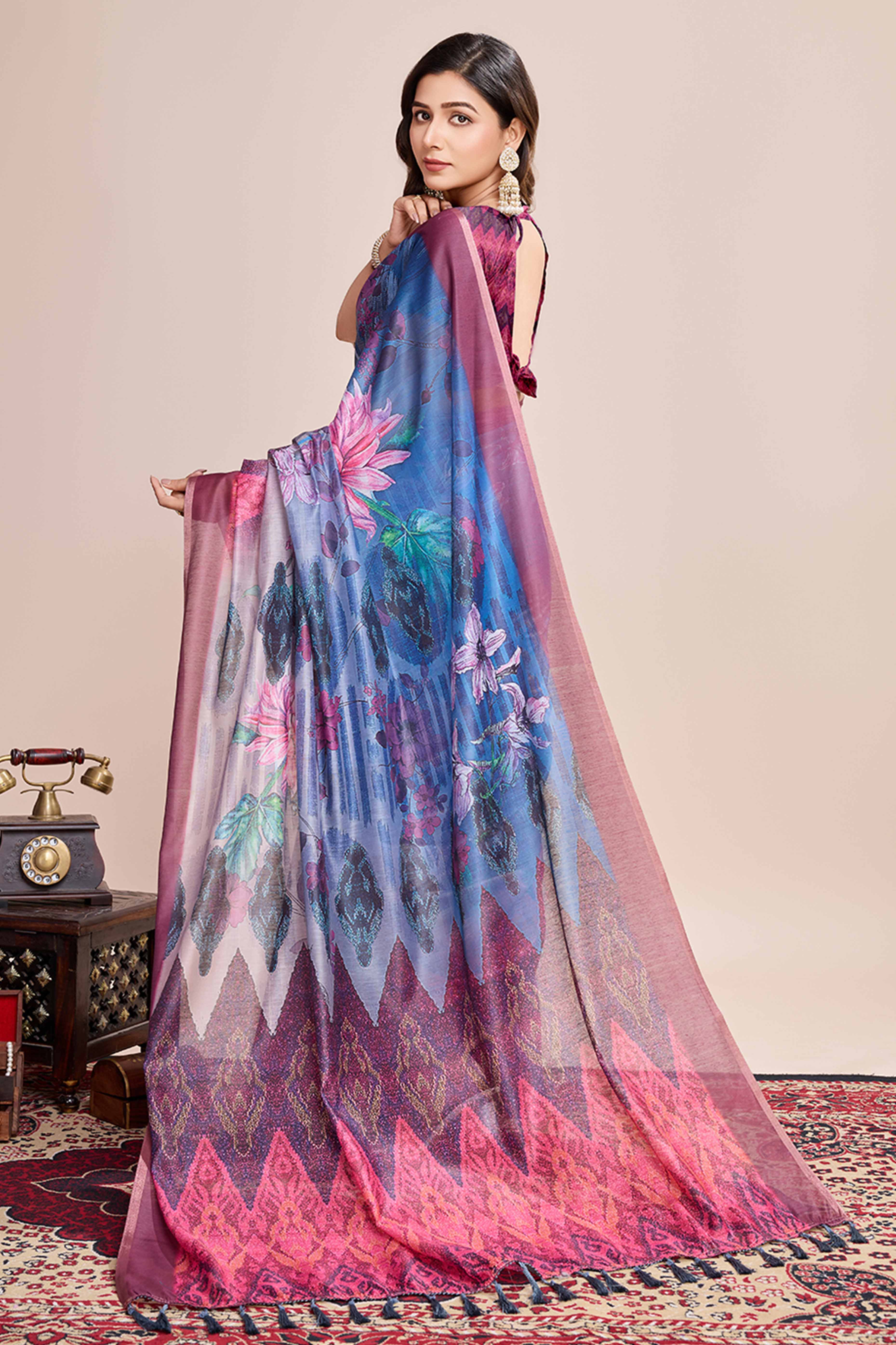 Blue Floral Printed Linen Saree