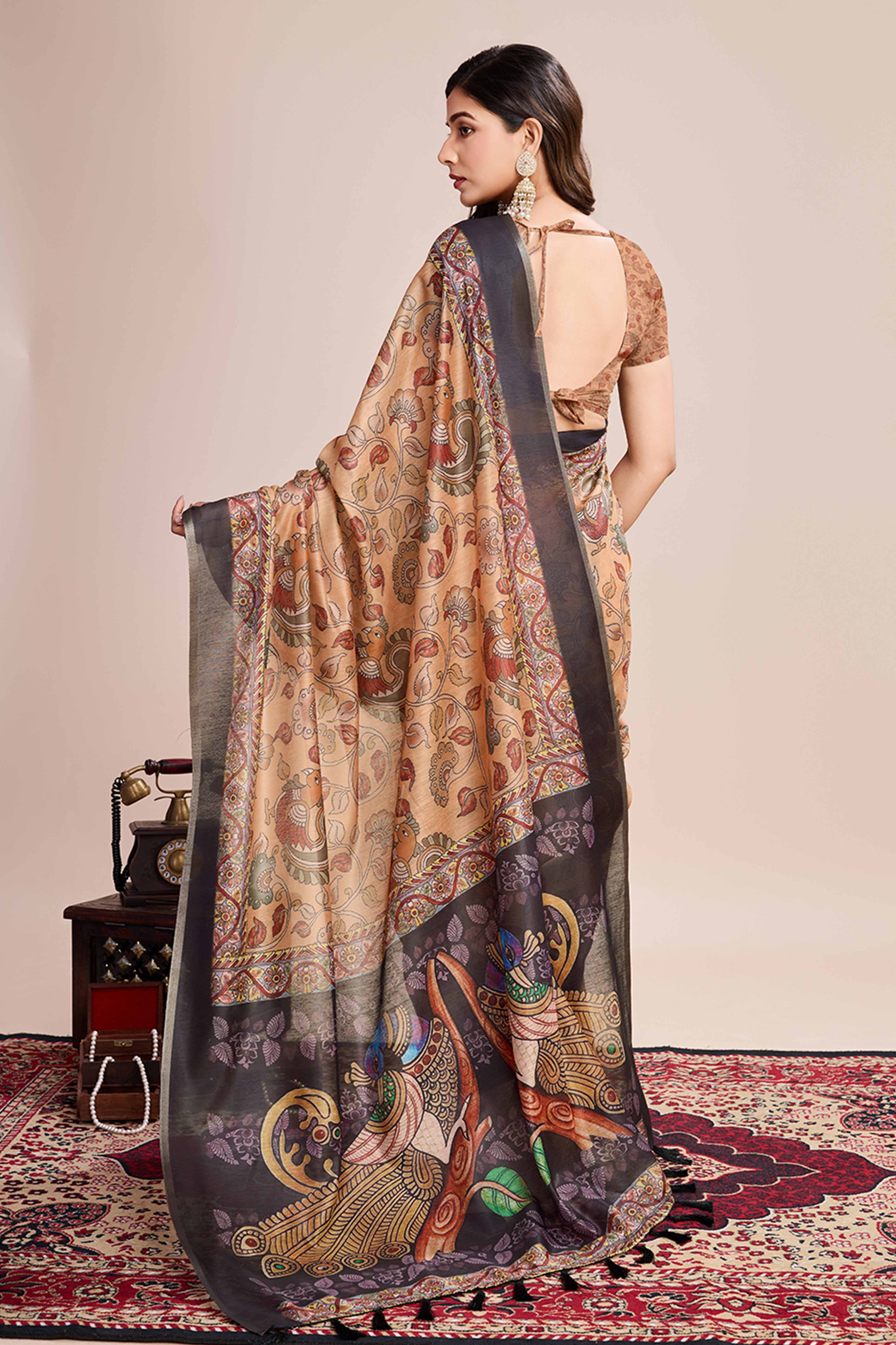Beige Floral Printed Linen Saree