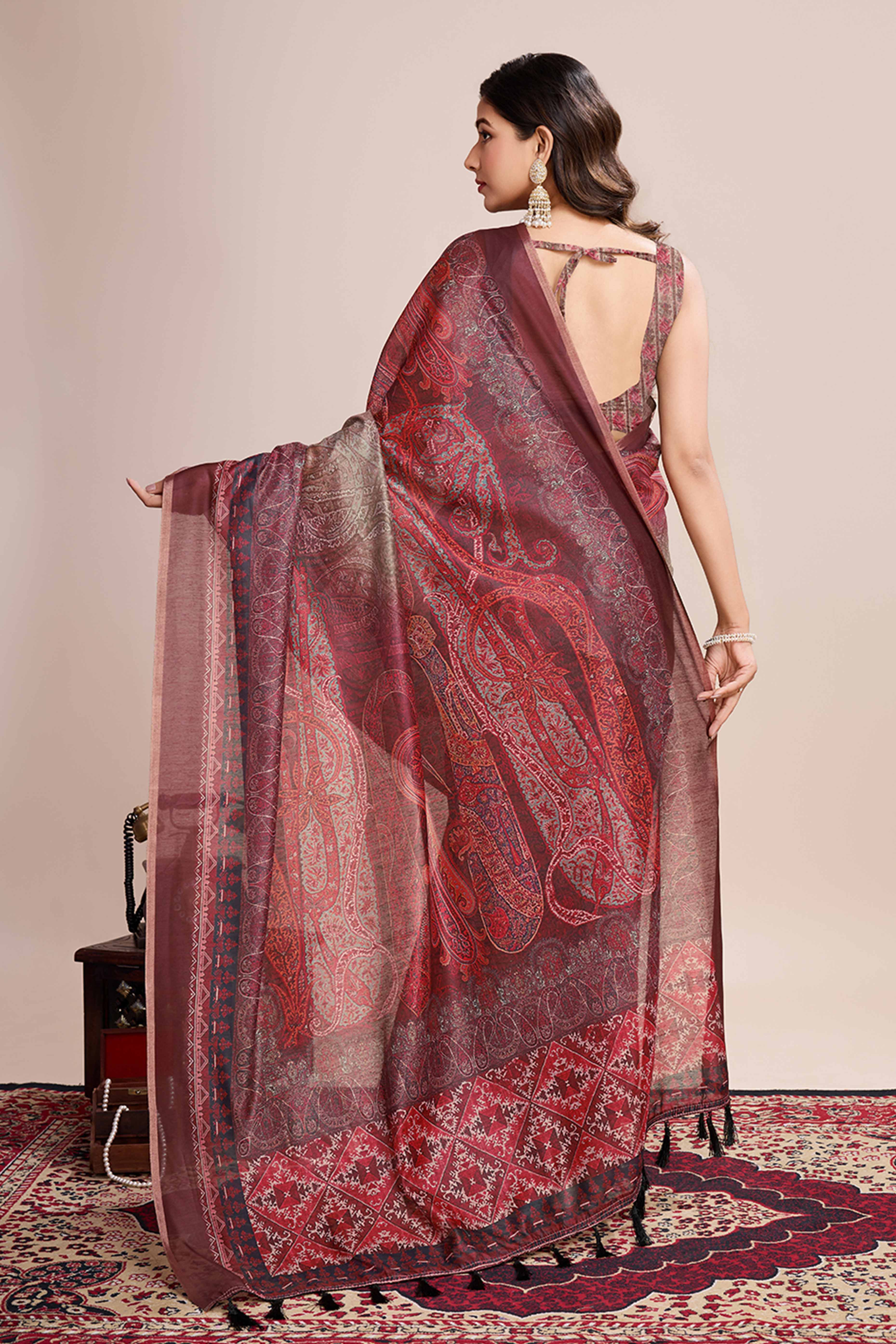 Wine Floral Printed Linen Saree