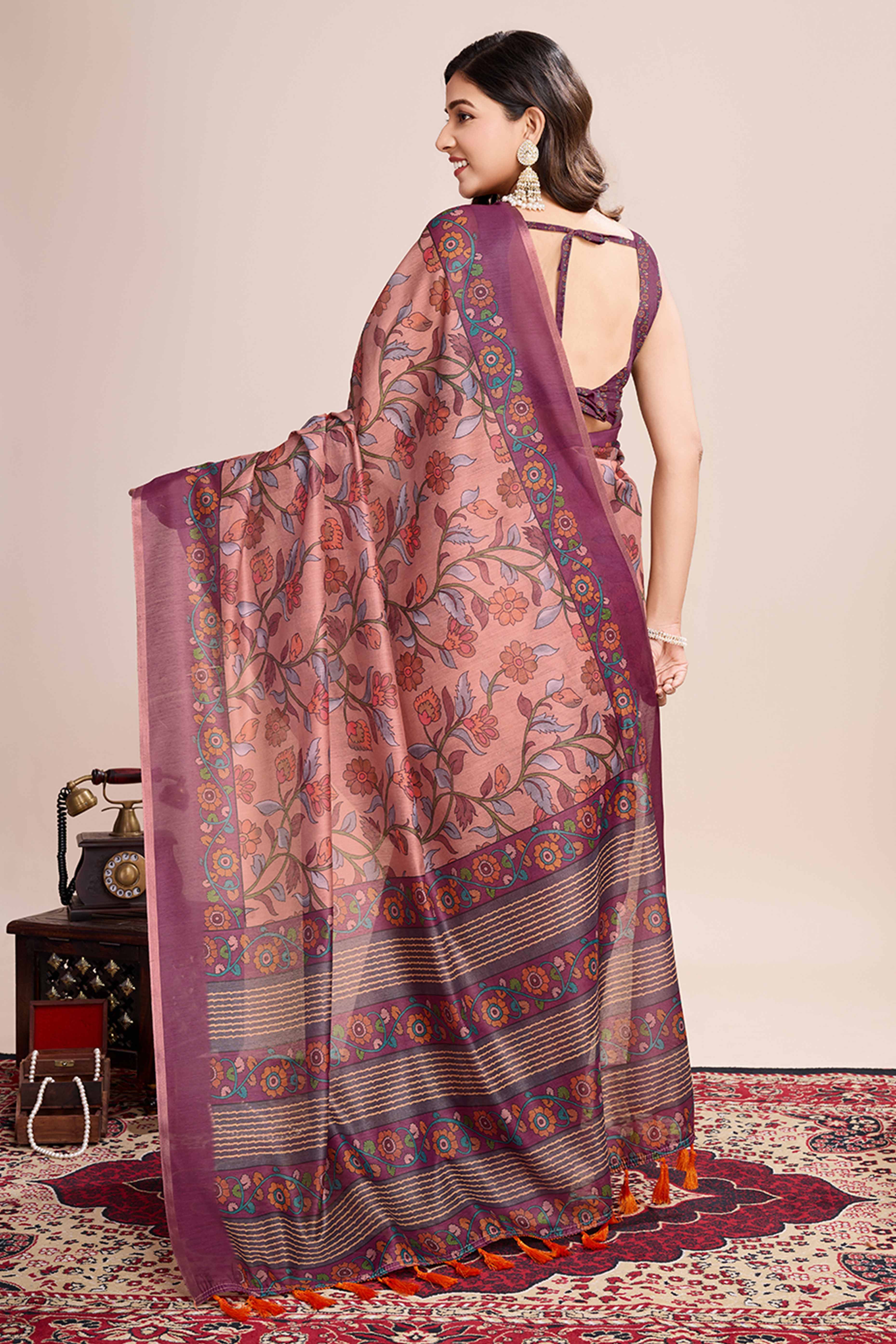 Beige Floral Printed Linen Saree