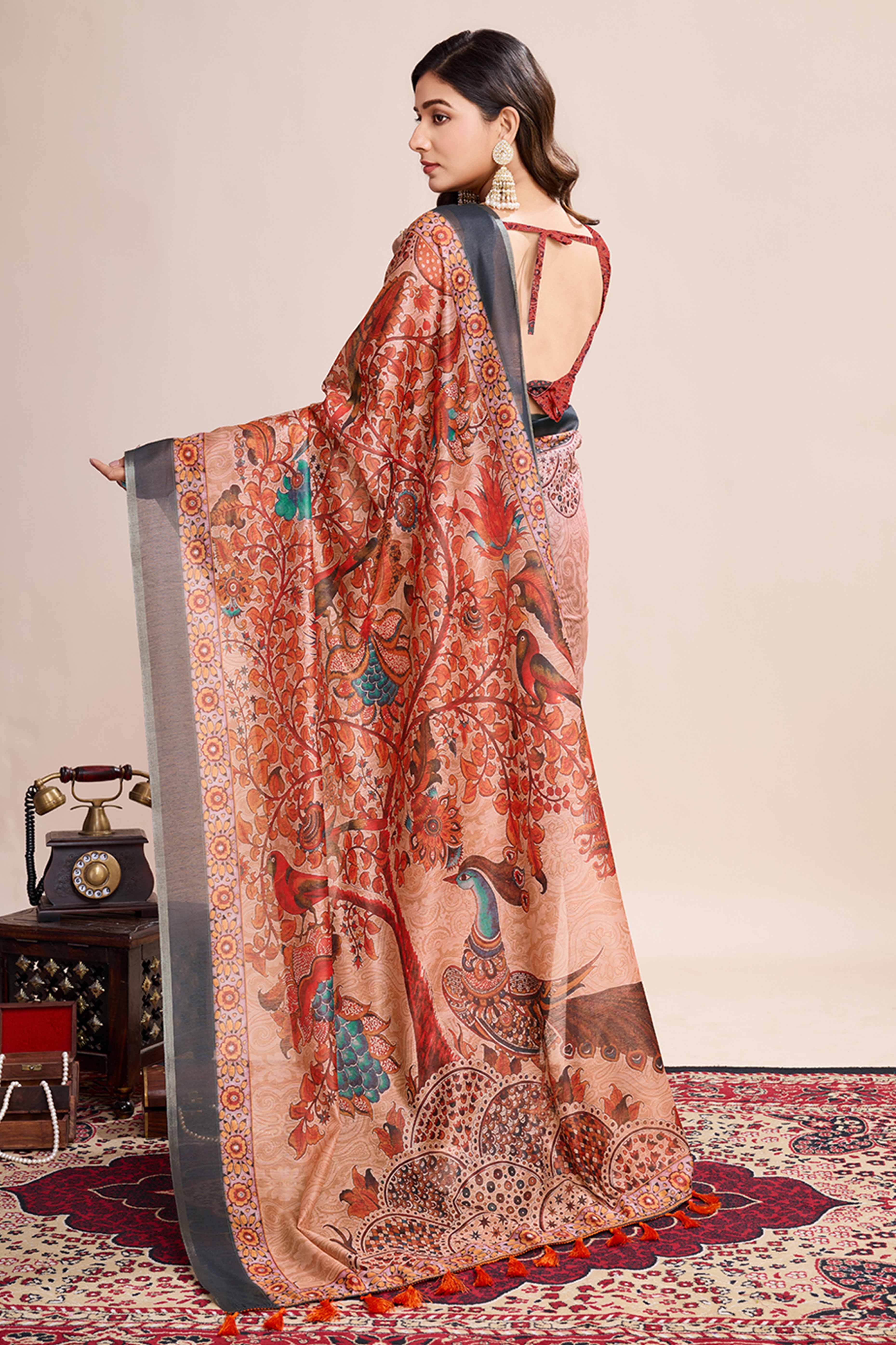 Beige Floral Printed Linen Saree