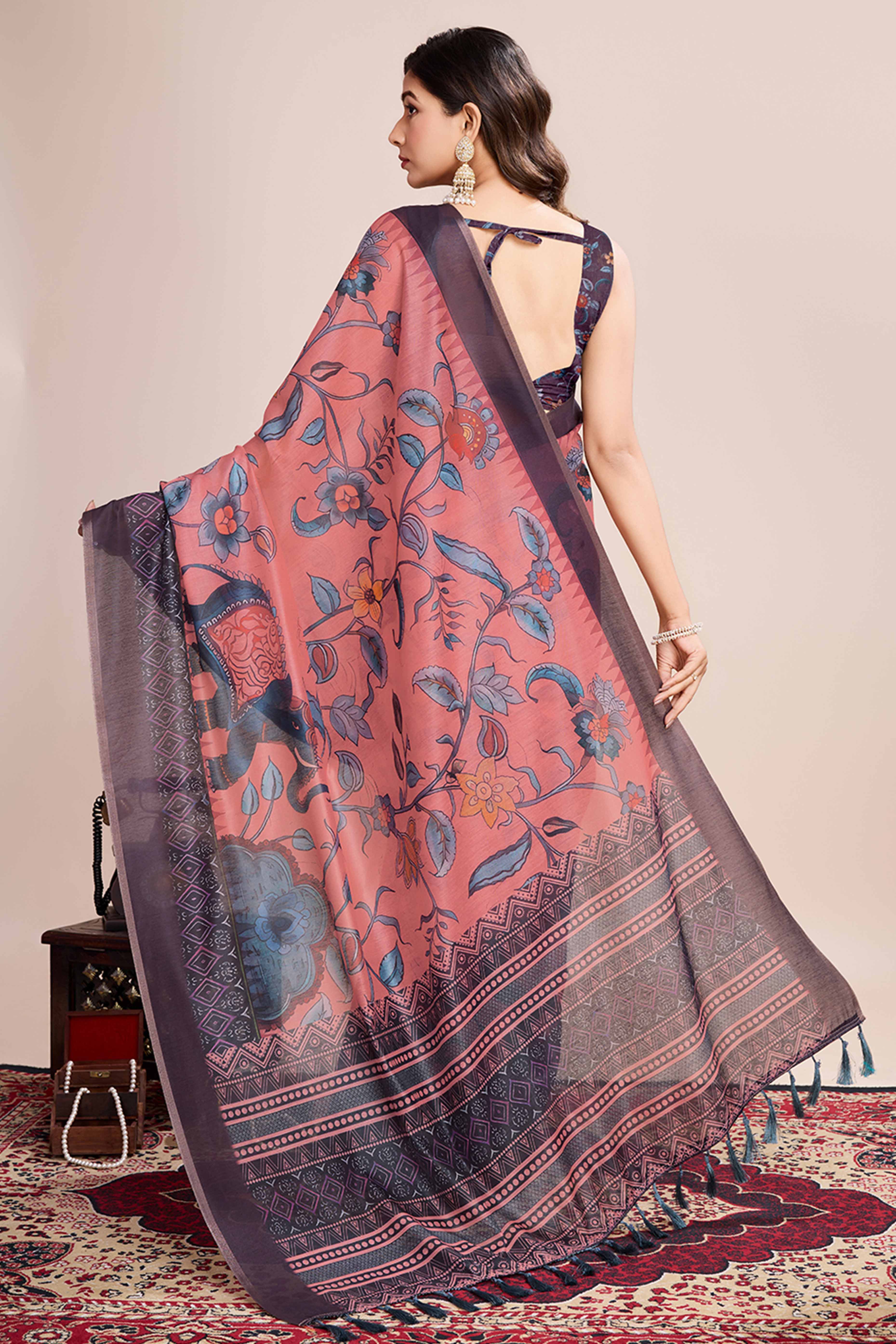 Peach Floral Printed Linen Saree