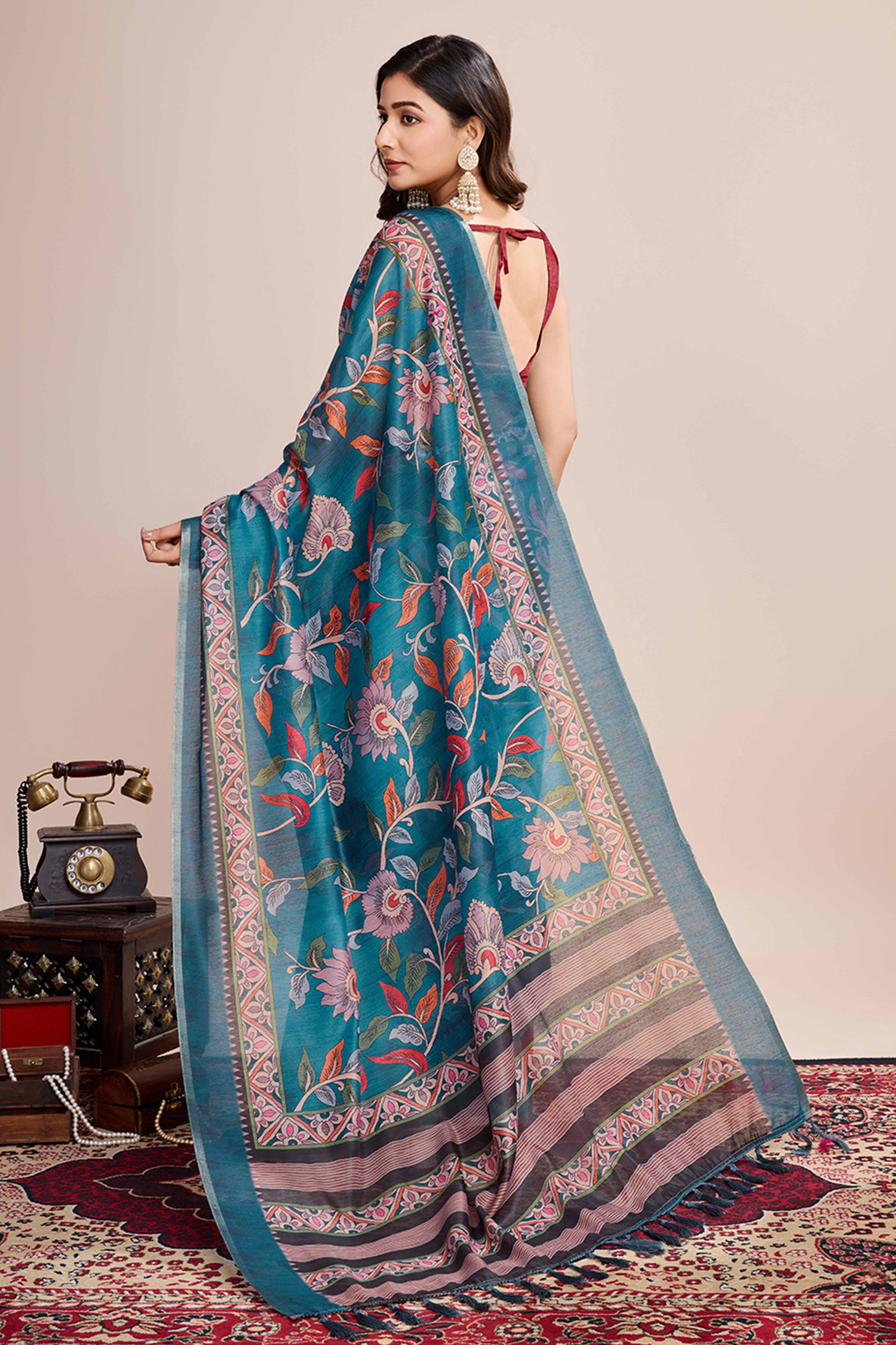 Rama Blue Floral Printed Linen Saree