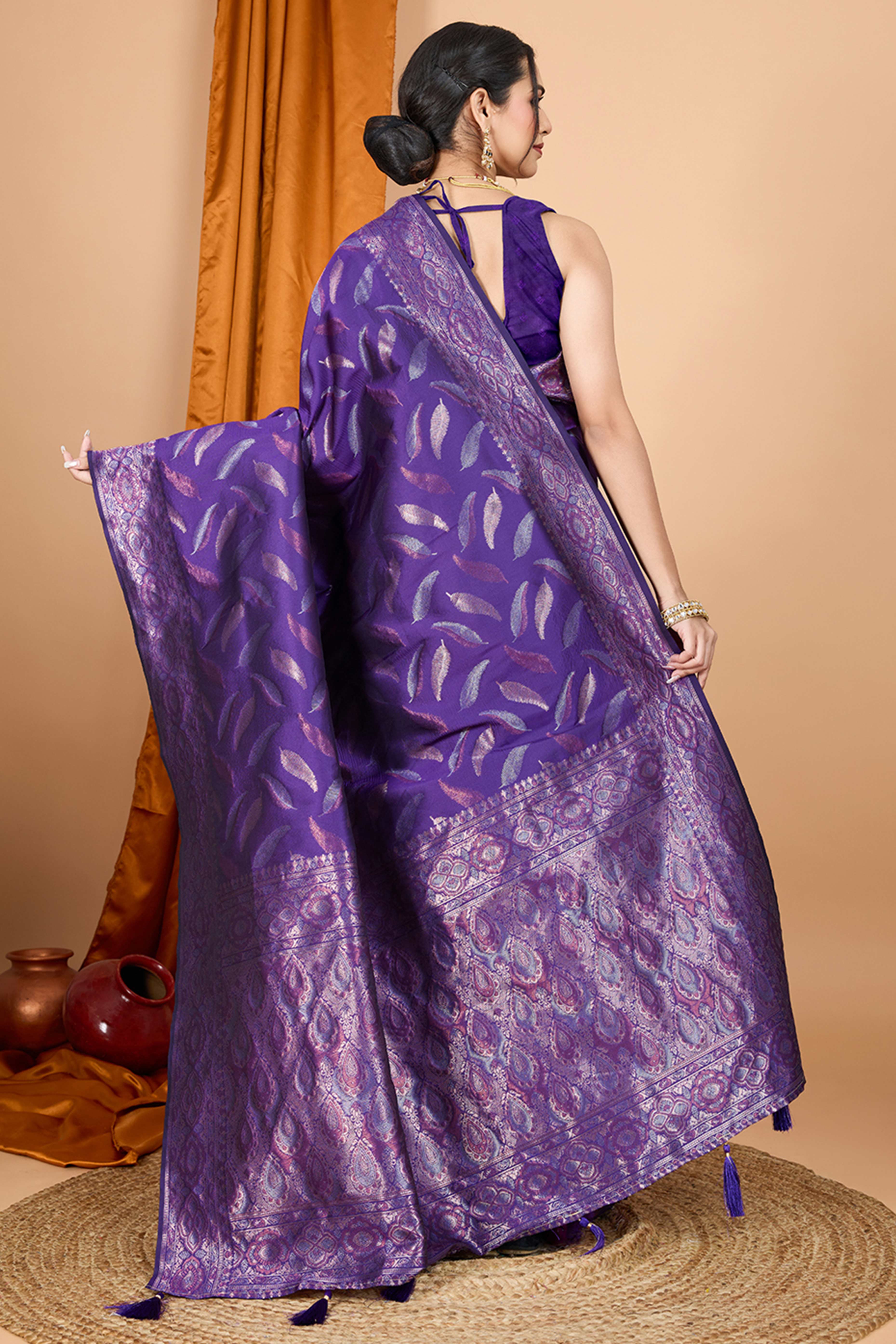 Violet Pure Silk Saree With Intricate Leaf Pattern Zari Weaving & Graceful Tassels