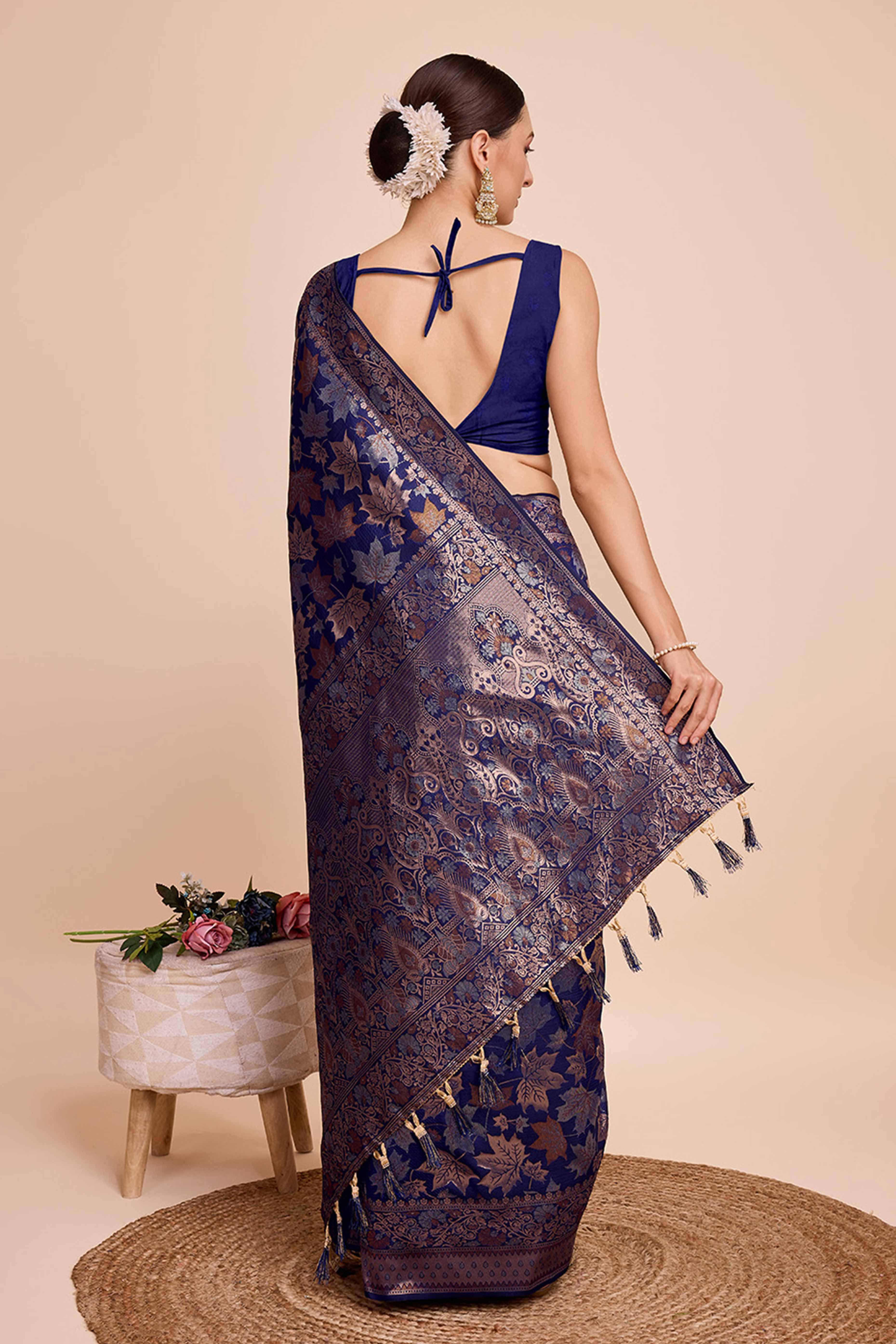 Navy Blue Zari Weaving Pure Silk Saree