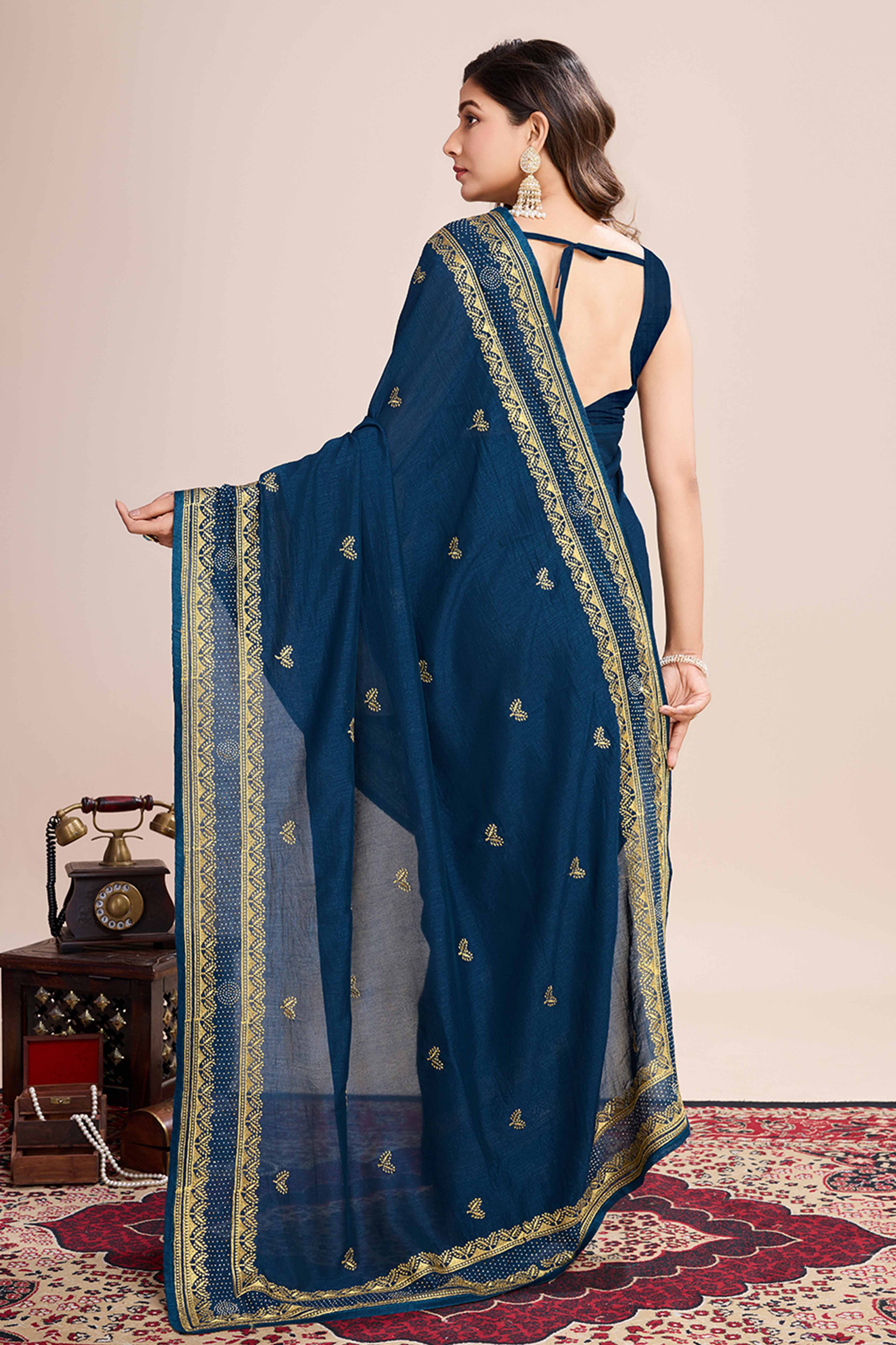 Teal Floral Embroidered Vichitra Silk Saree