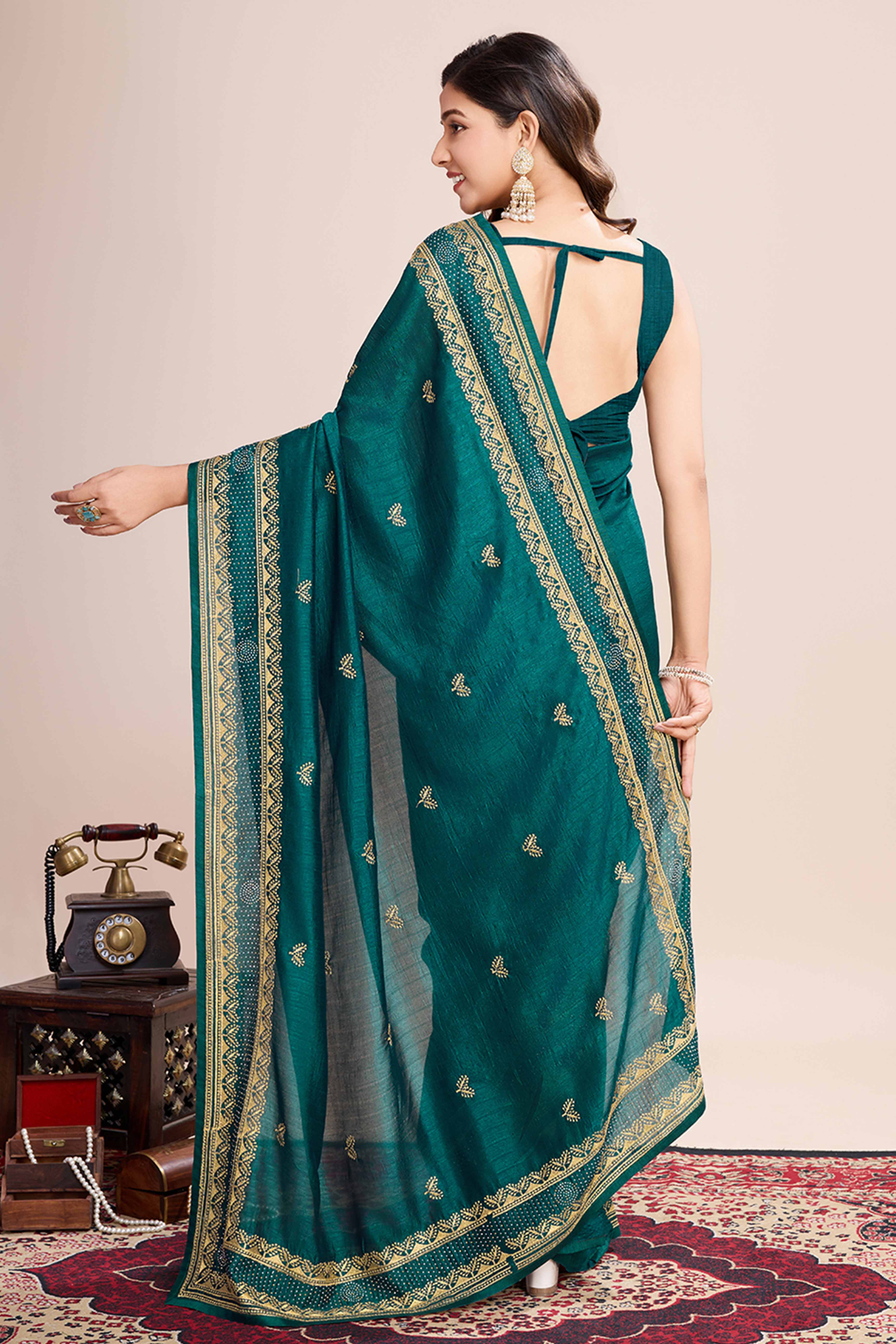 Green Floral Embroidered Vichitra Silk Saree