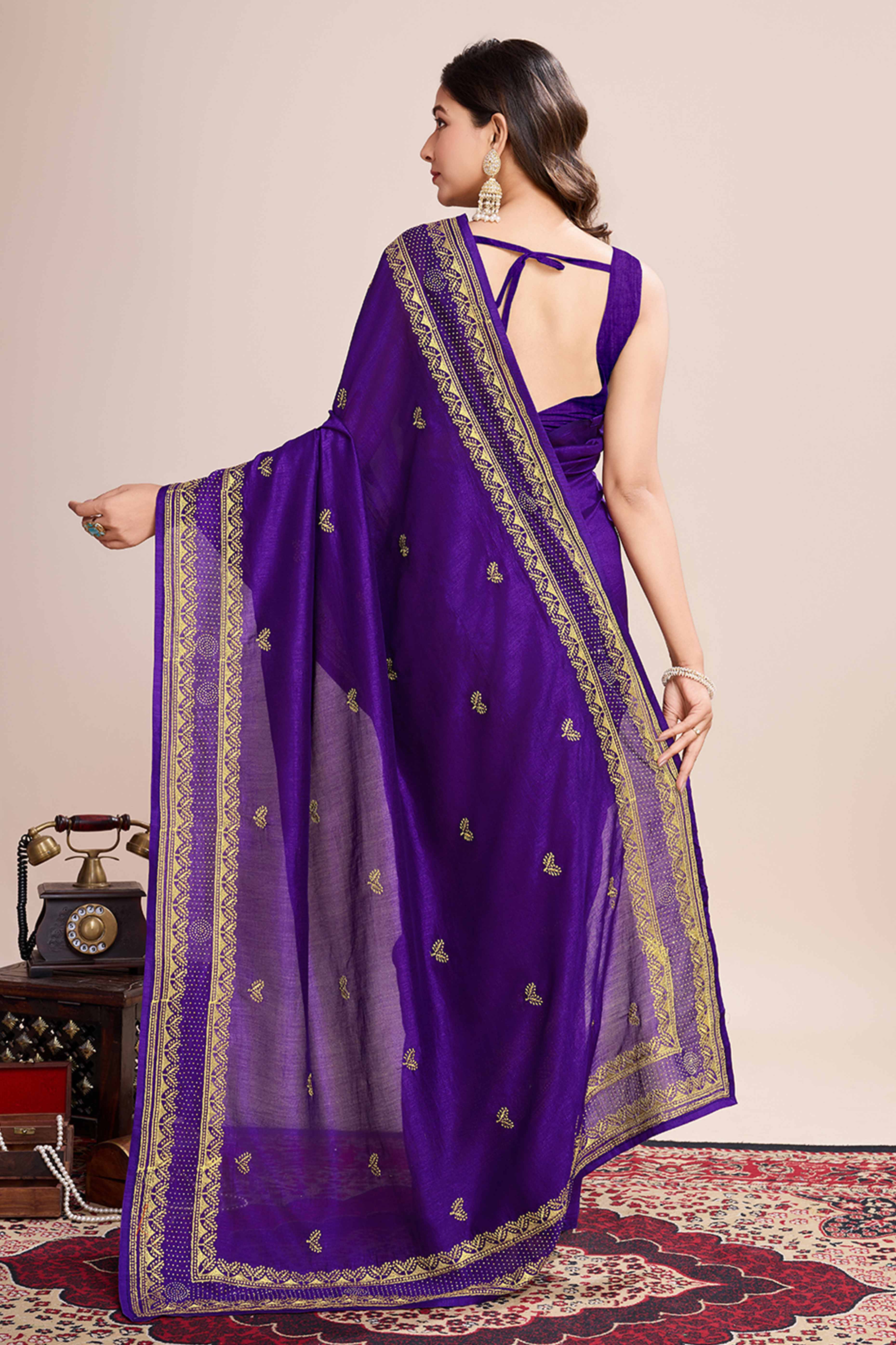 Purple Floral Embroidered Vichitra Silk Saree