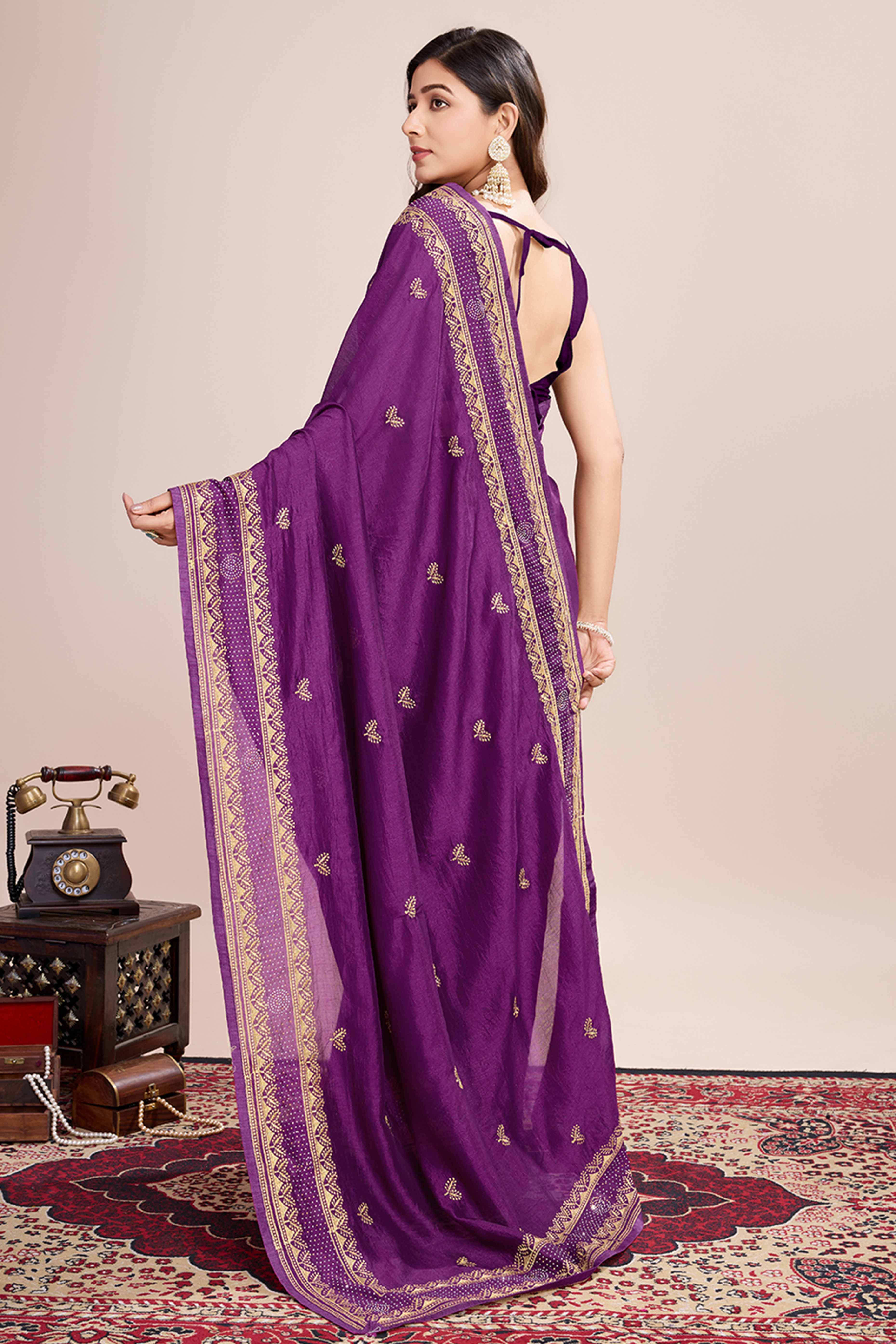 Magenta Floral Embroidered Vichitra Silk Saree