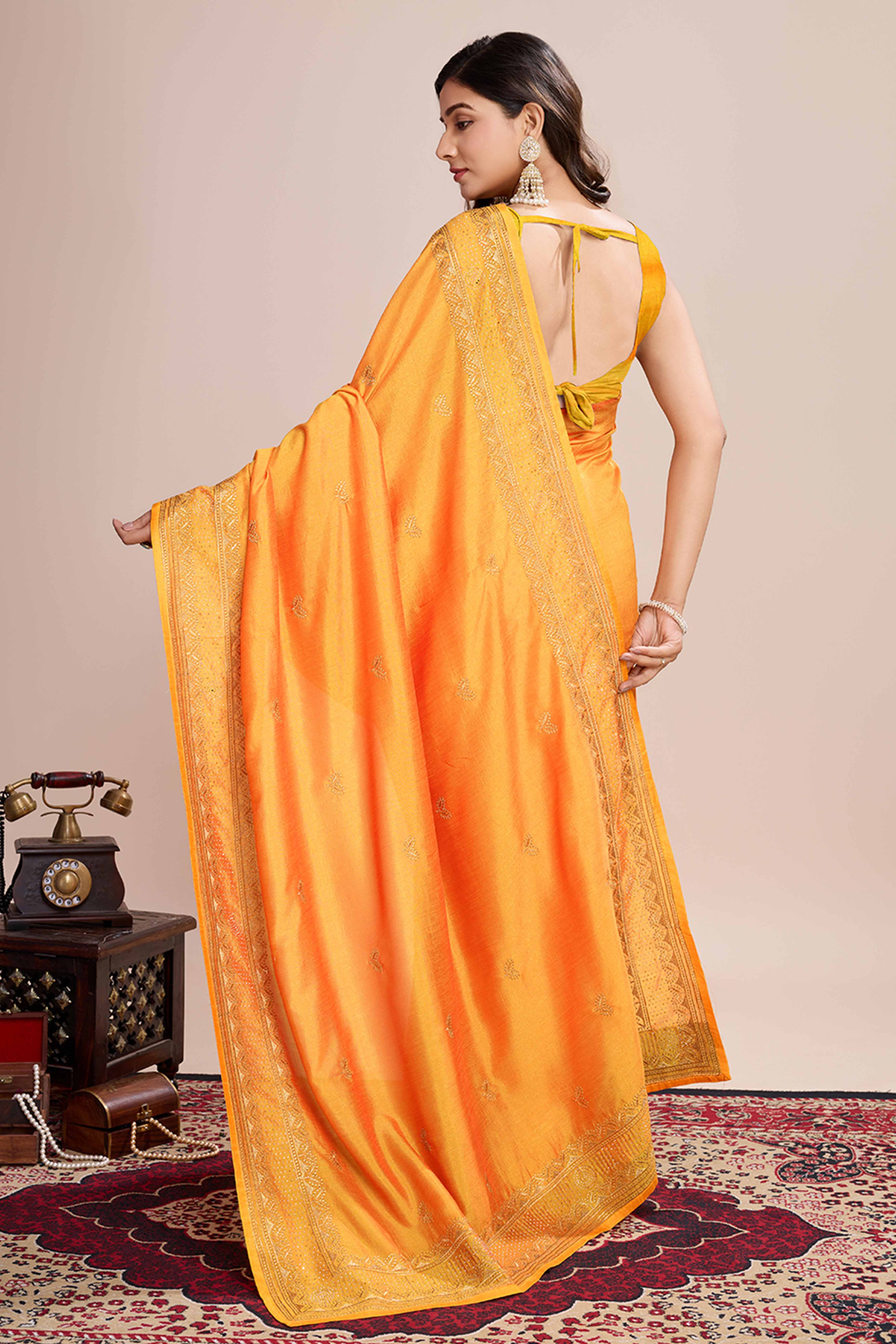 Yellow Floral Embroidered Vichitra Silk Saree