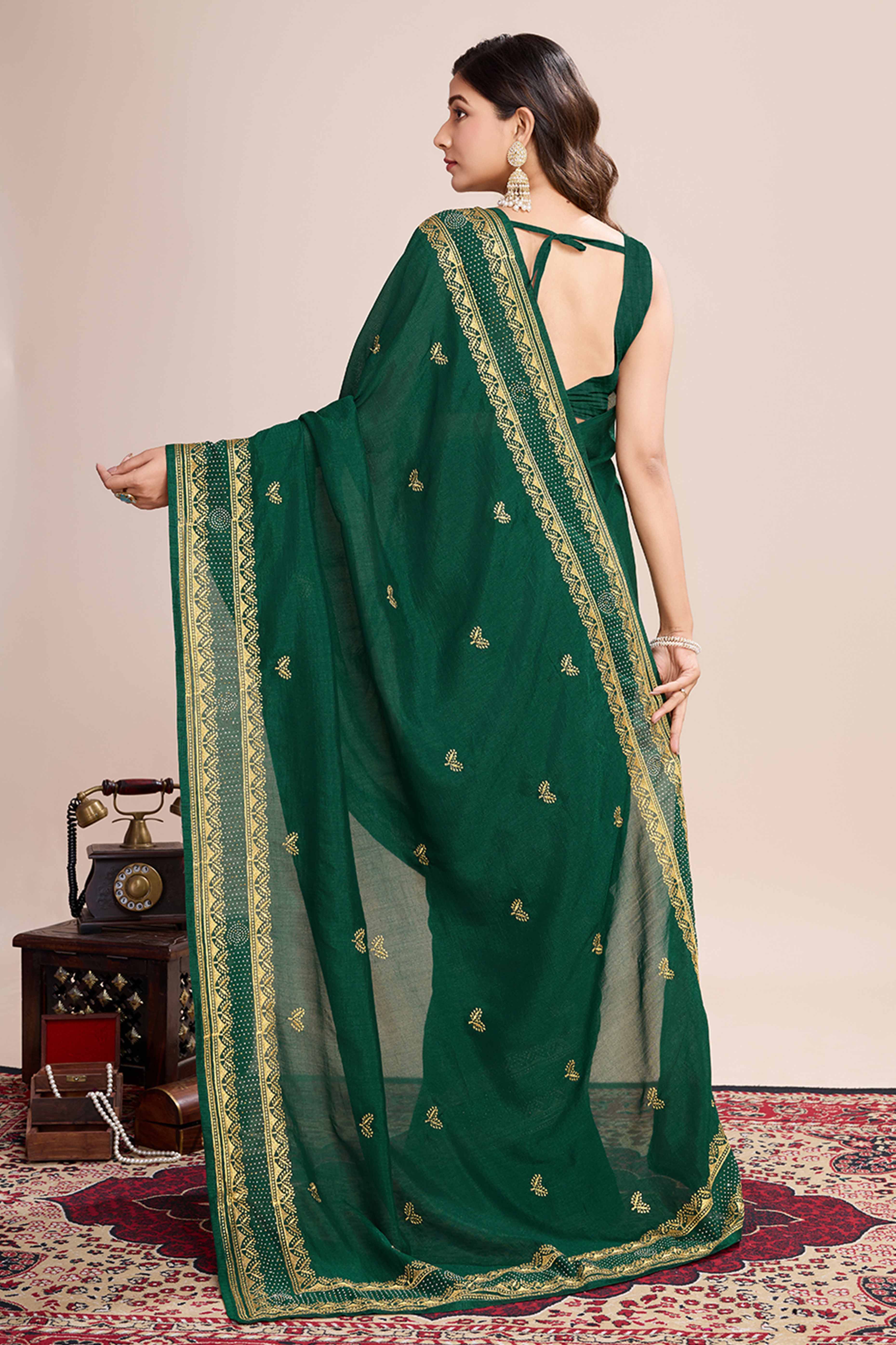 Green Floral Embroidered Vichitra Silk Saree