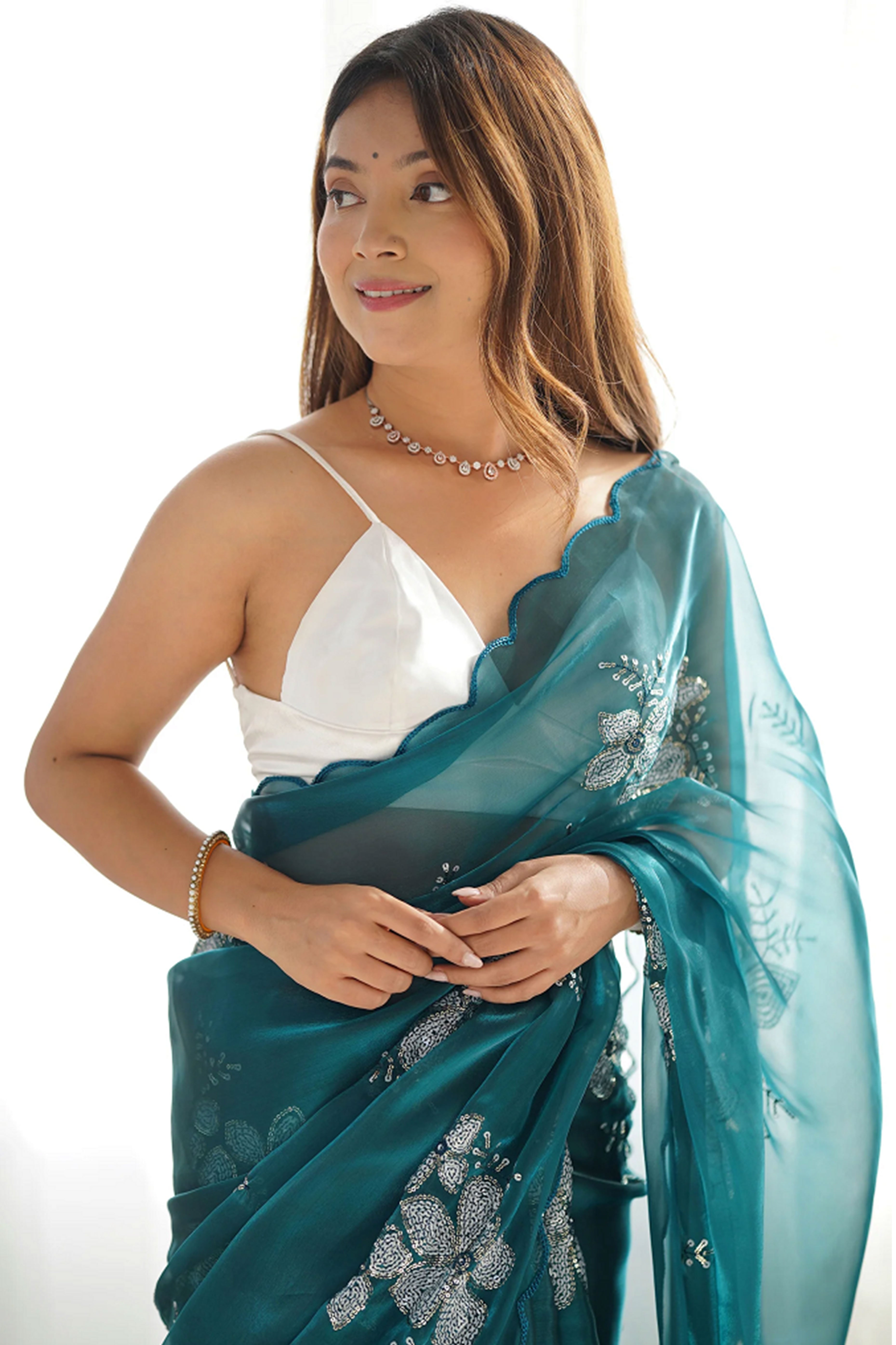 Teal Sequins Floral Embroidered Organza Saree