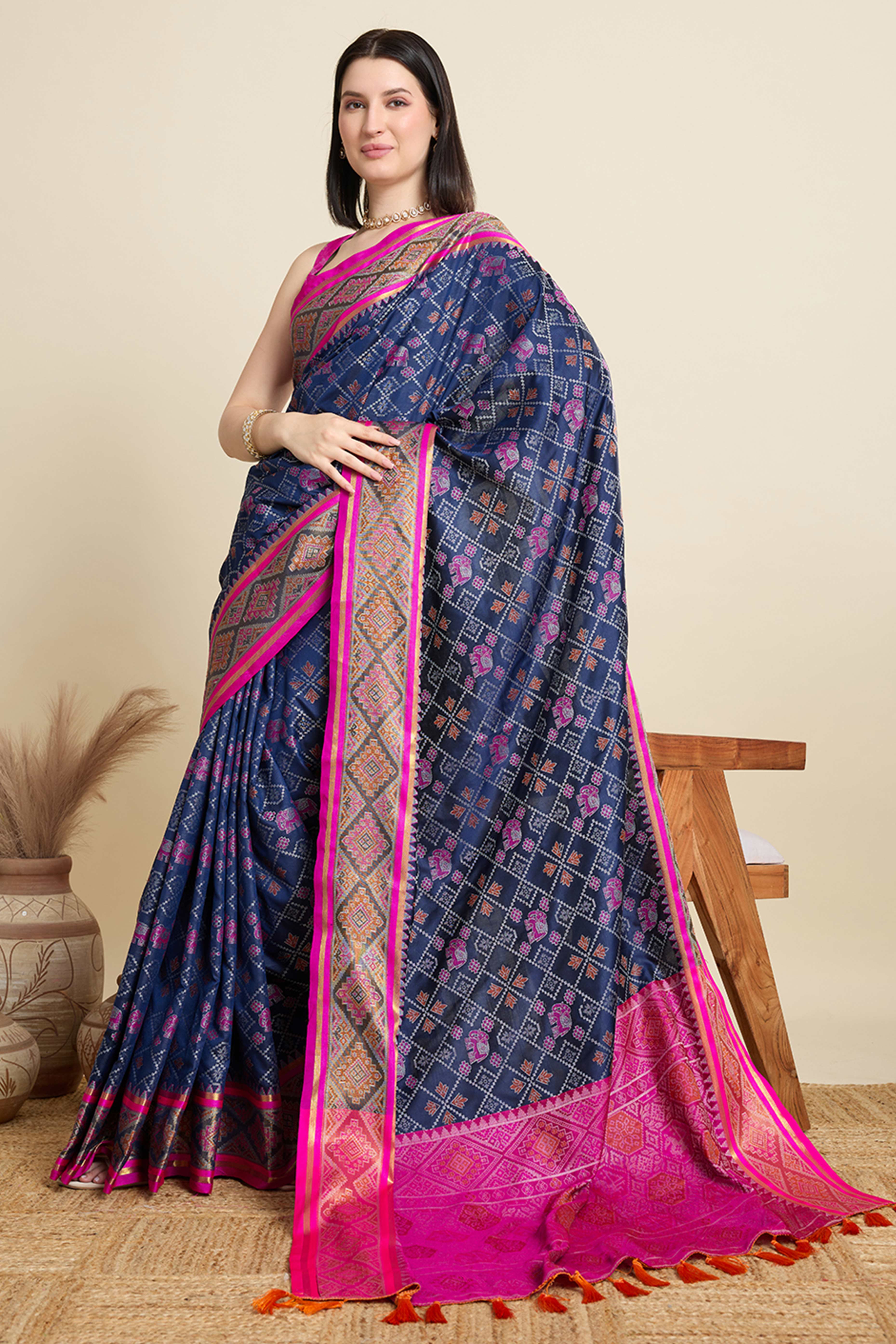 Royal Blue Silk Blend Saree Featuring Patola Prints and a Detailed Weaving Border