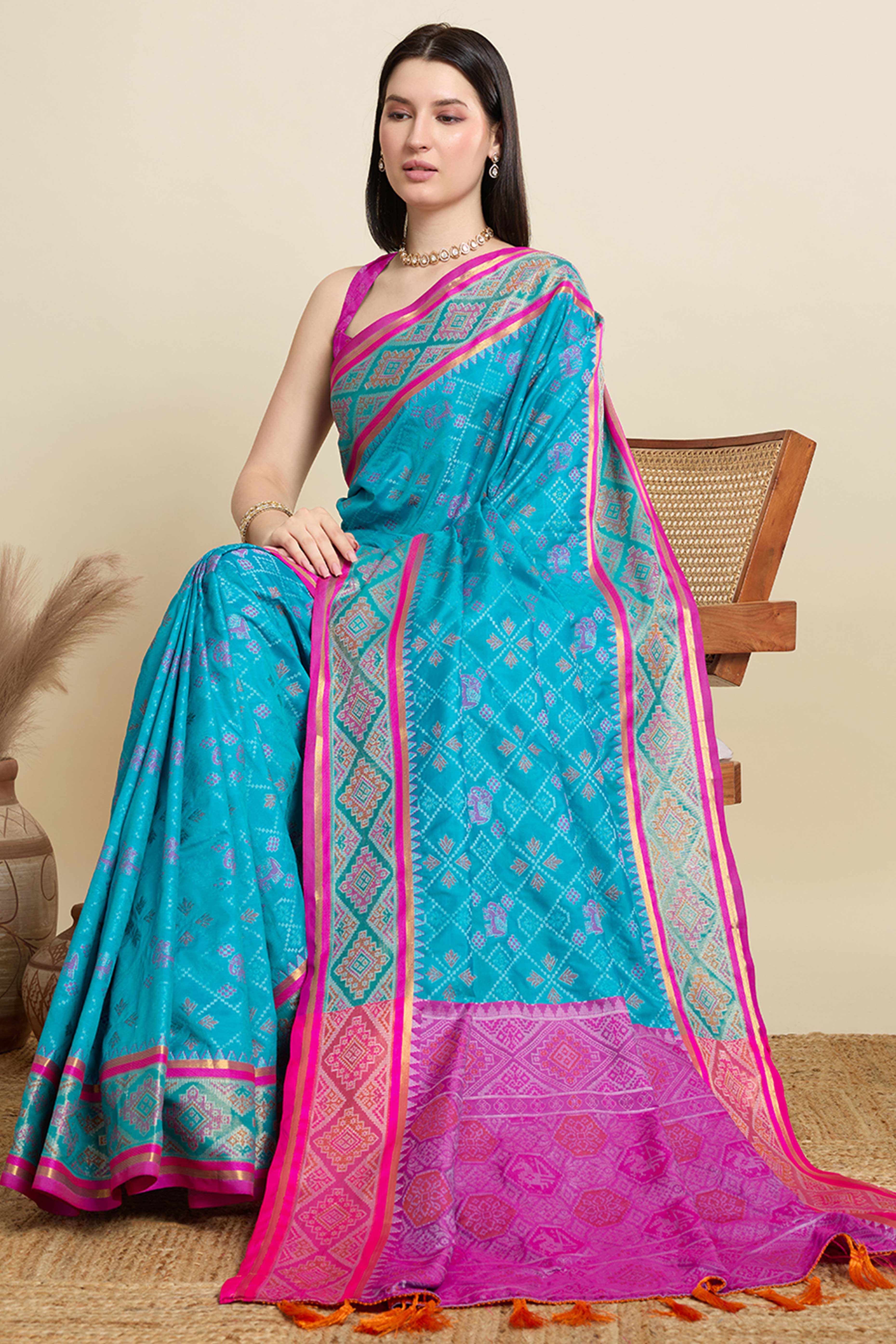 Sky Blue Silk Blend Saree Featuring Patola Prints and a Detailed Weaving Border