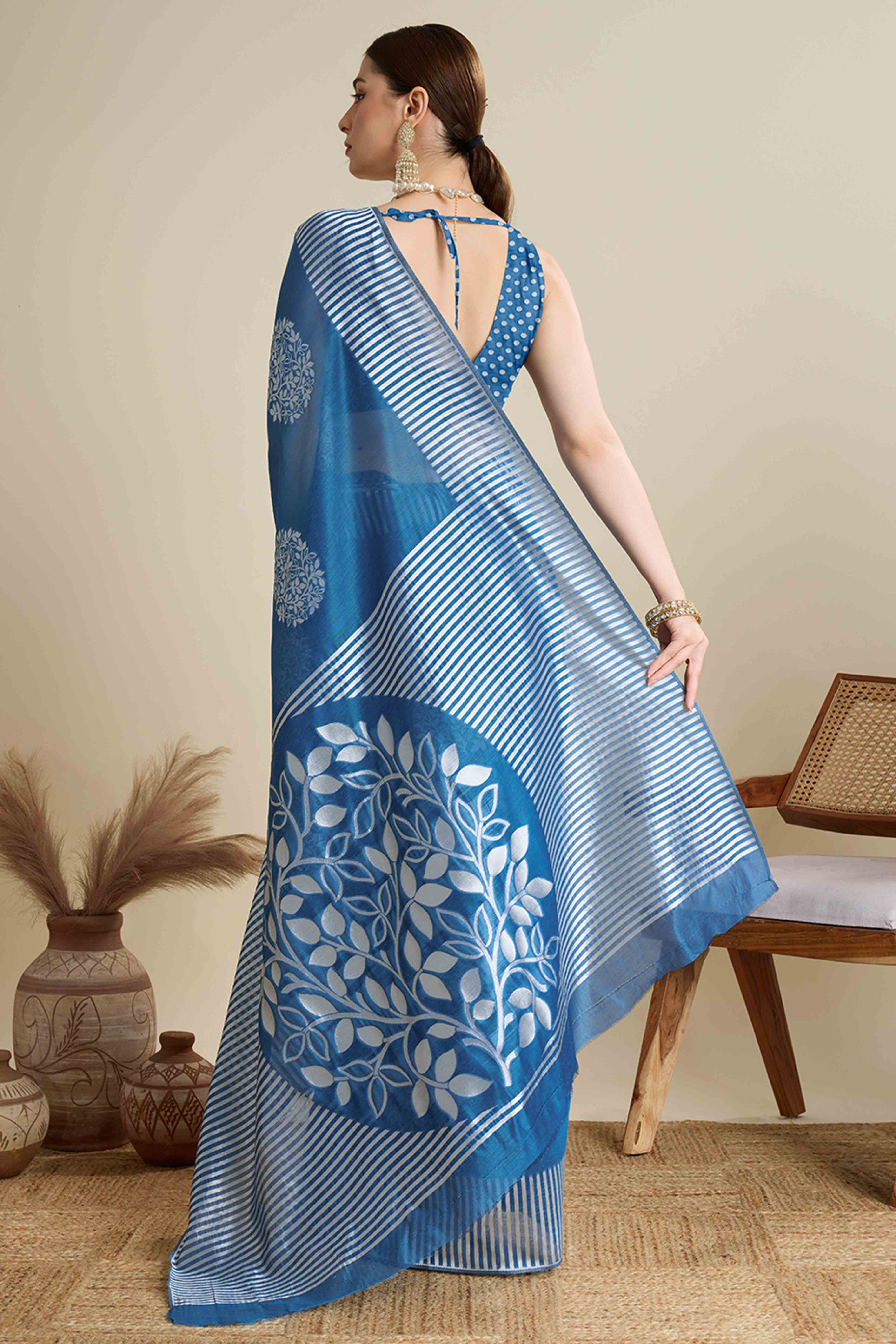 Blue Elegance Soft Cotton Silk Saree with Beautifully Woven Floral Designs