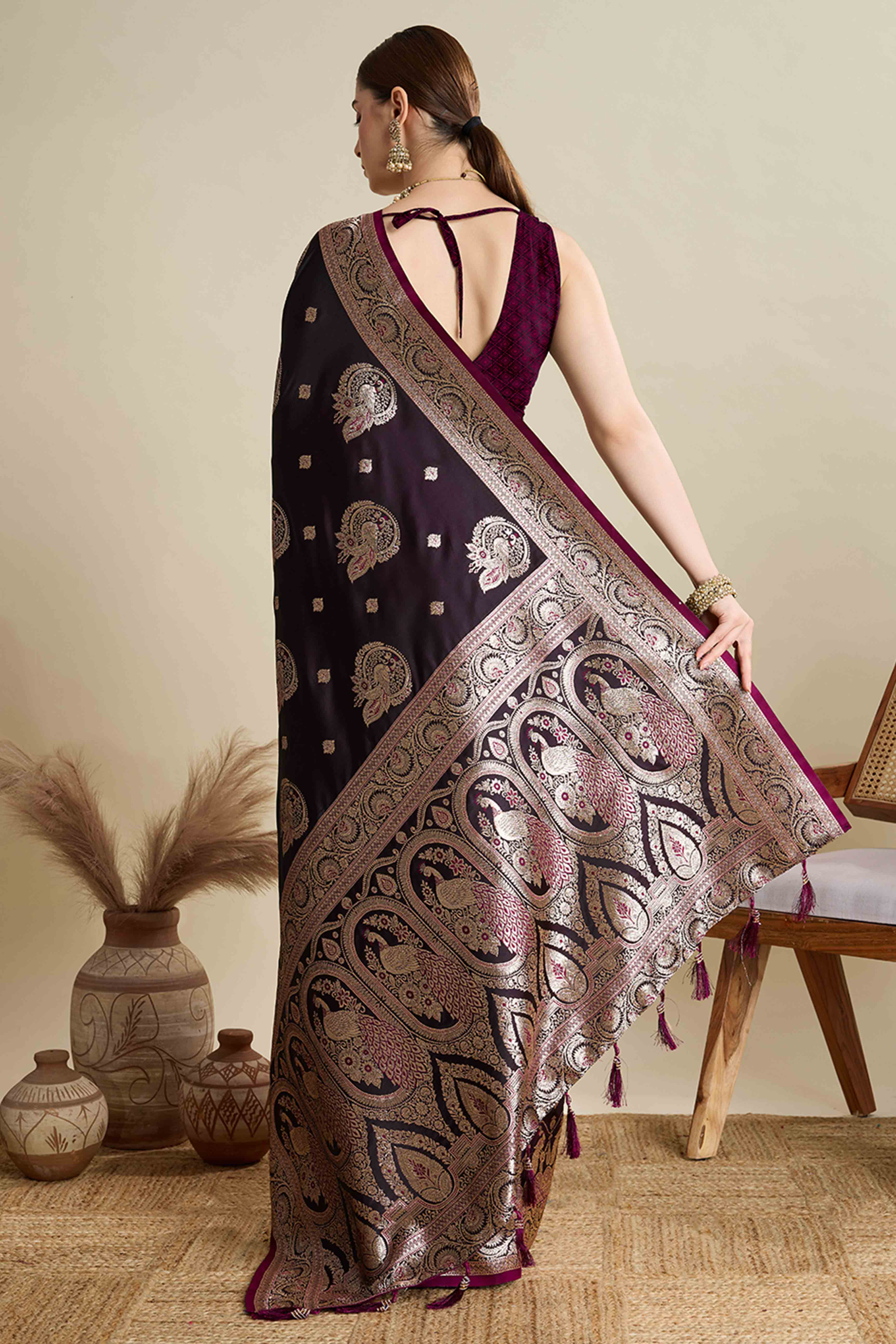Wine Pure Silk Saree Featuring Traditional Banarasi Zari Weaving Patterns