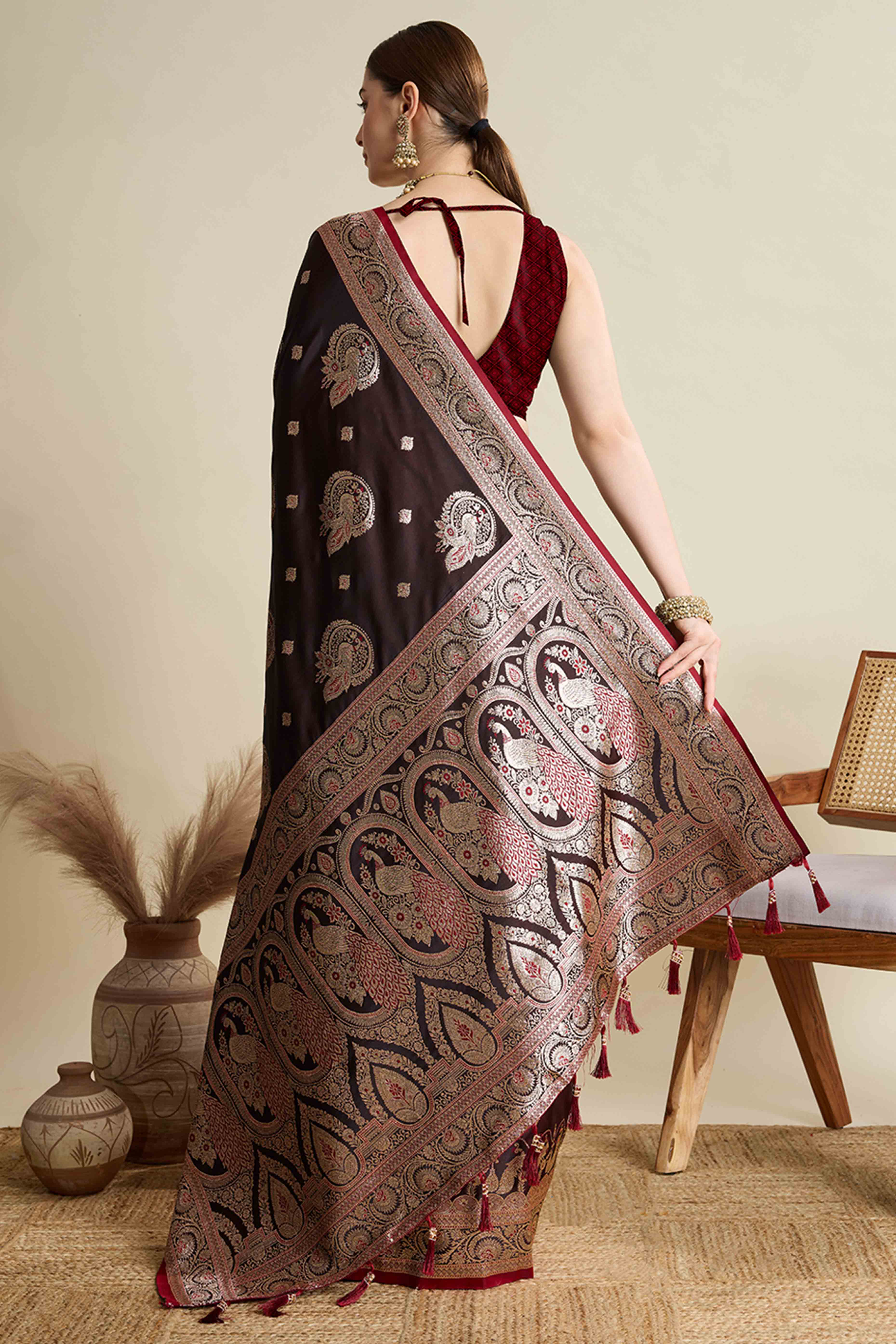 Wine Pure Silk Saree Featuring Traditional Banarasi Zari Weaving Patterns