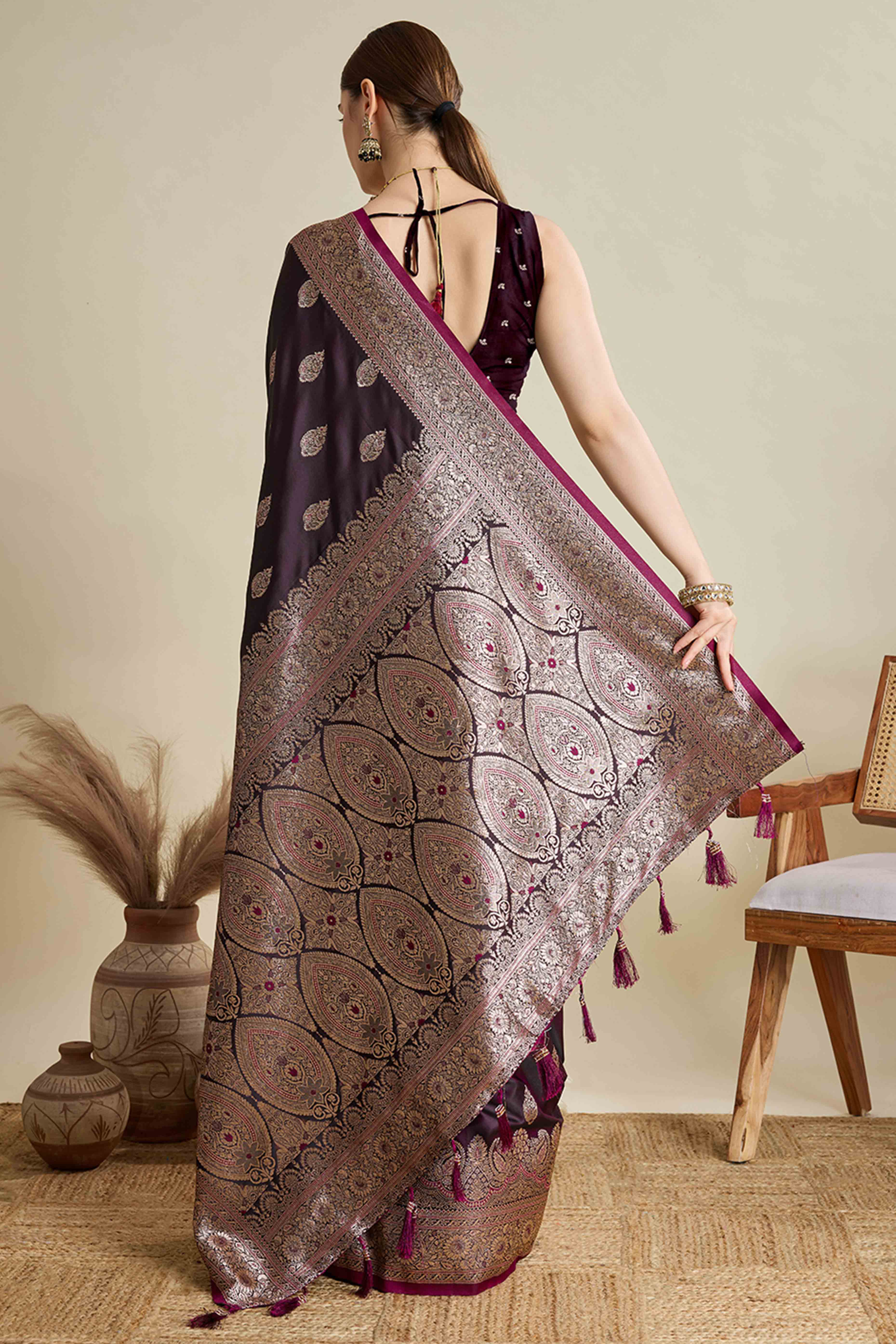 Wine Pure Silk Saree Featuring Traditional Banarasi Zari Weaving Patterns