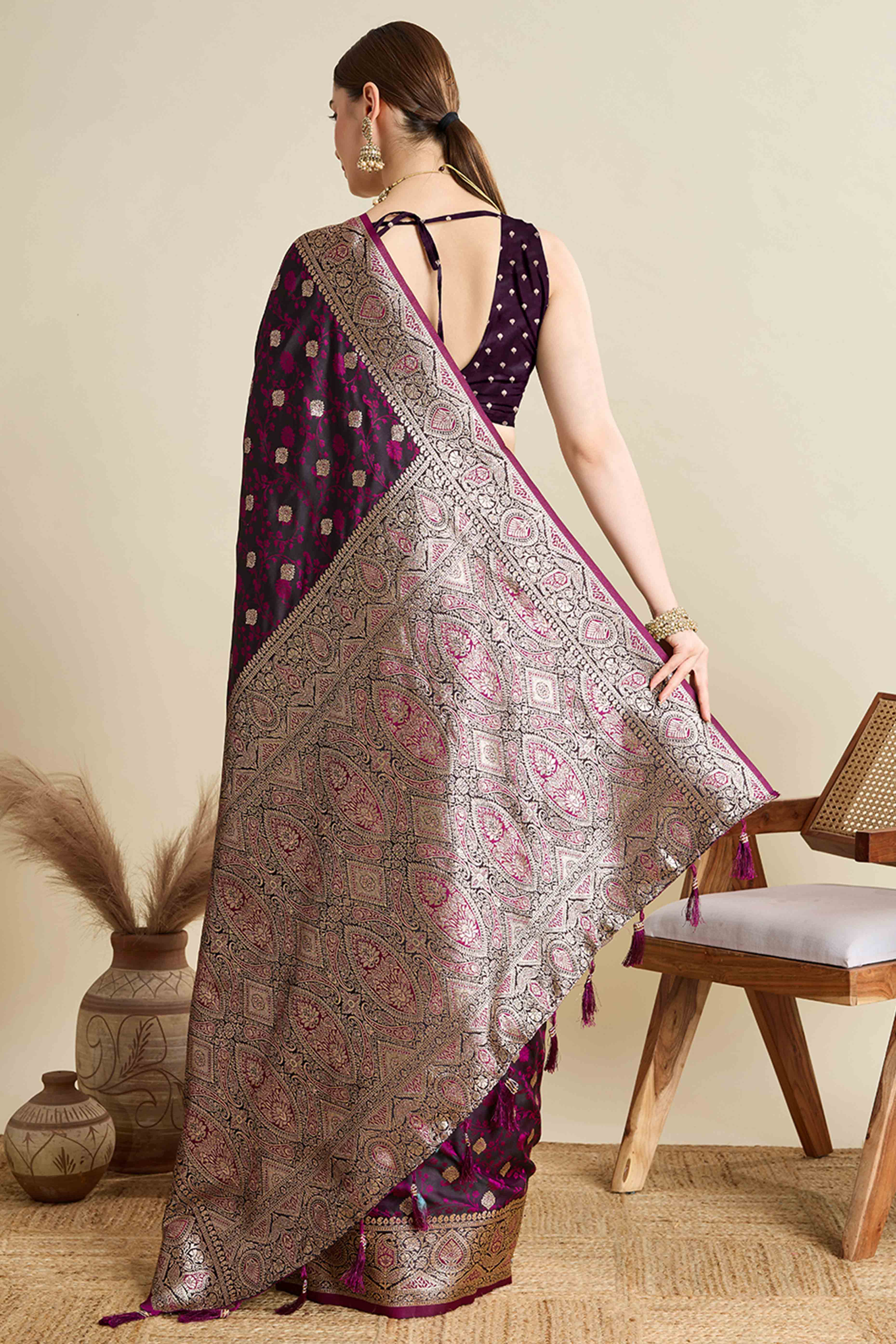 Wine Pure Silk Saree Featuring Traditional Banarasi Zari Weaving Patterns