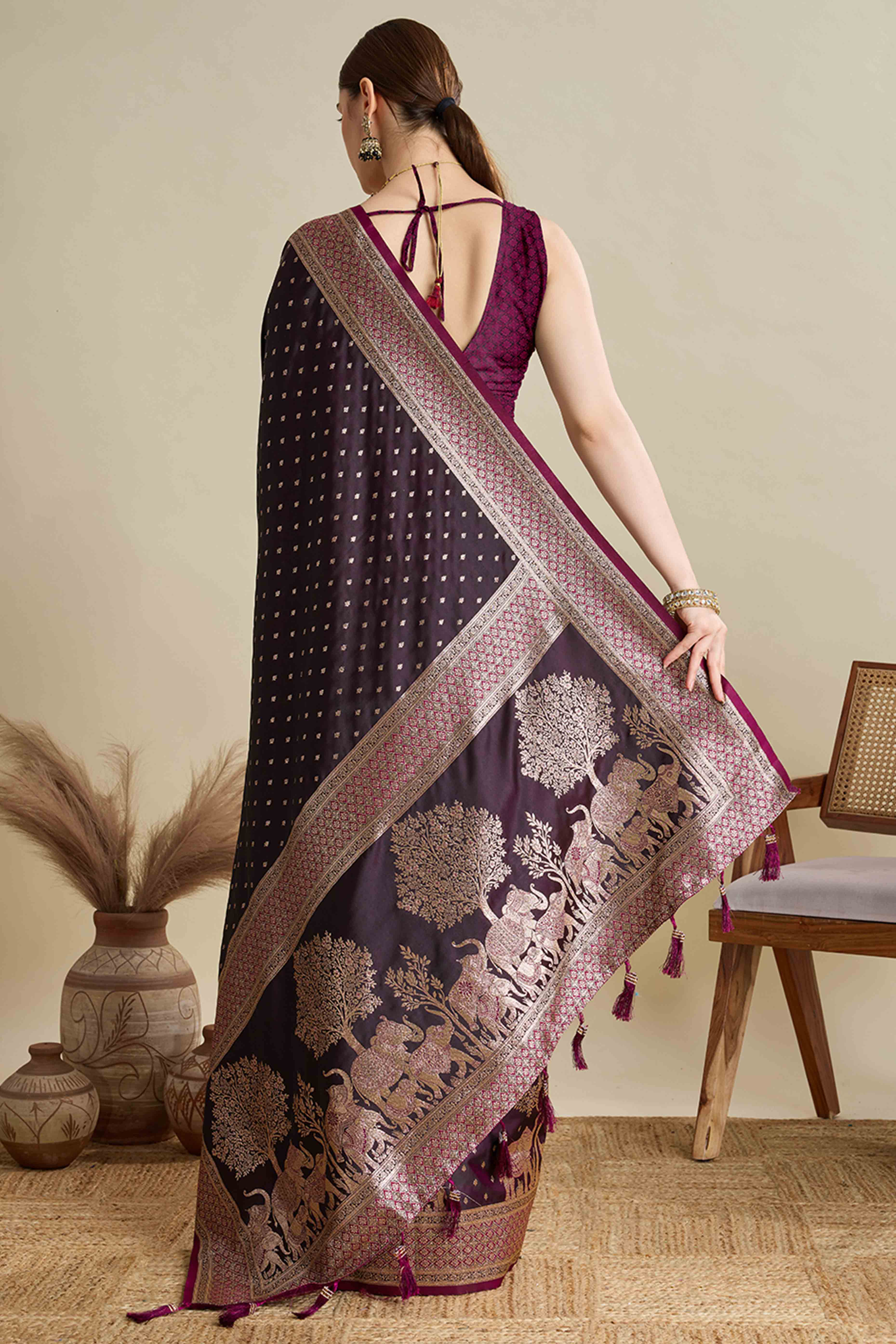Wine Pure Silk Saree Featuring Traditional Banarasi Zari Weaving Patterns