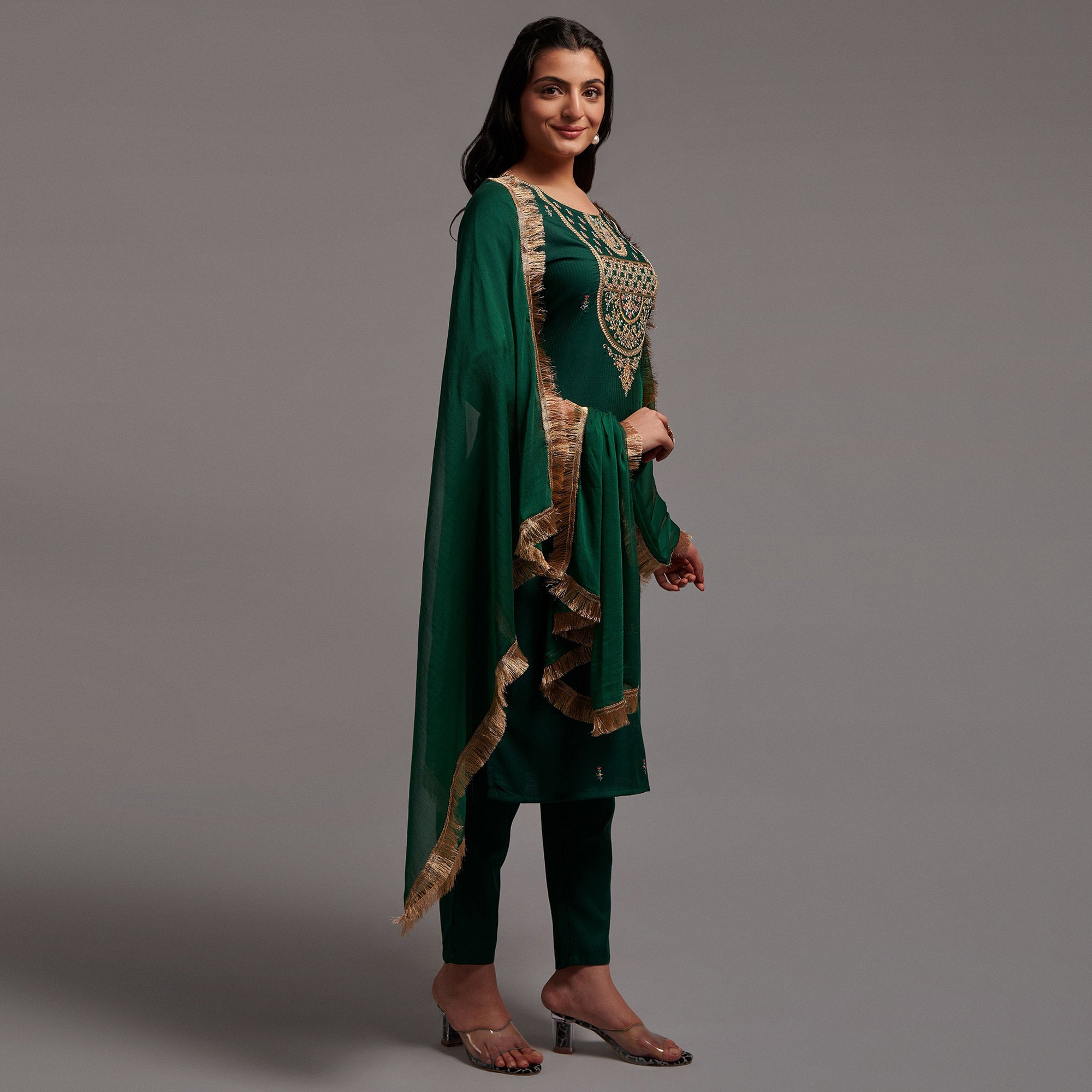 Green Floral Embroidered Viscose Kurti Set