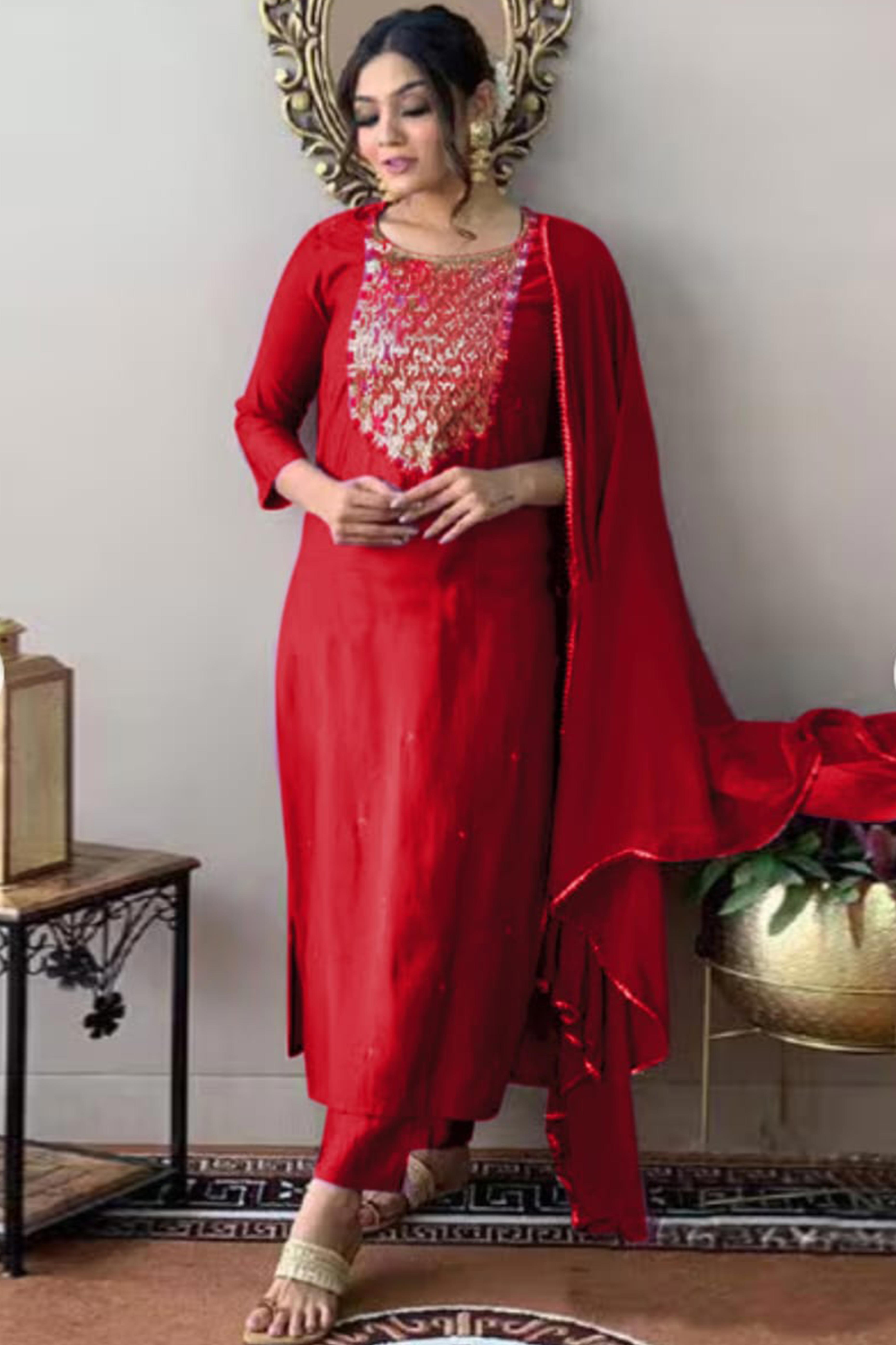 Red Sequins Embroidered Rayon Salwar Suit