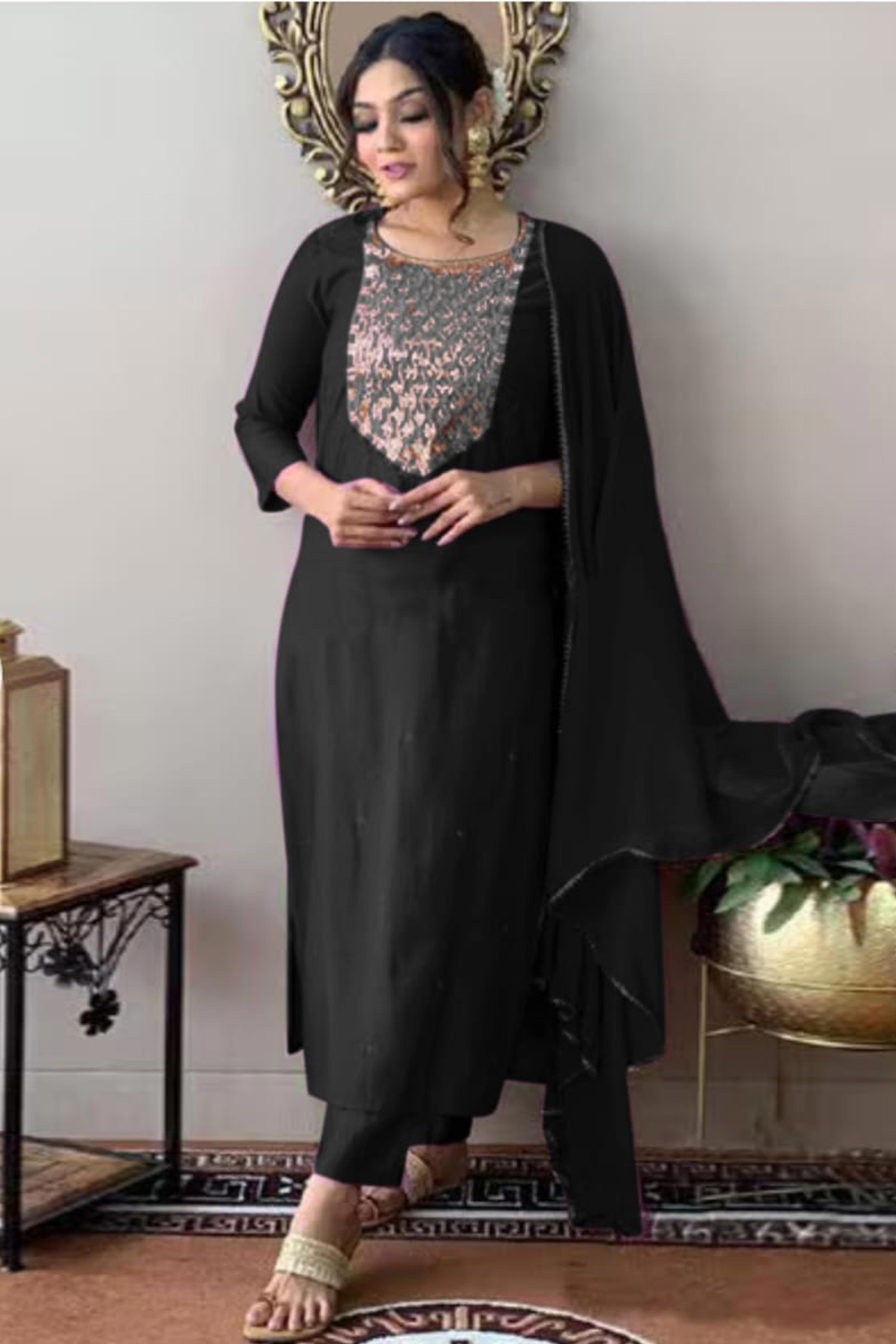 Black Sequins Embroidered Rayon Salwar Suit