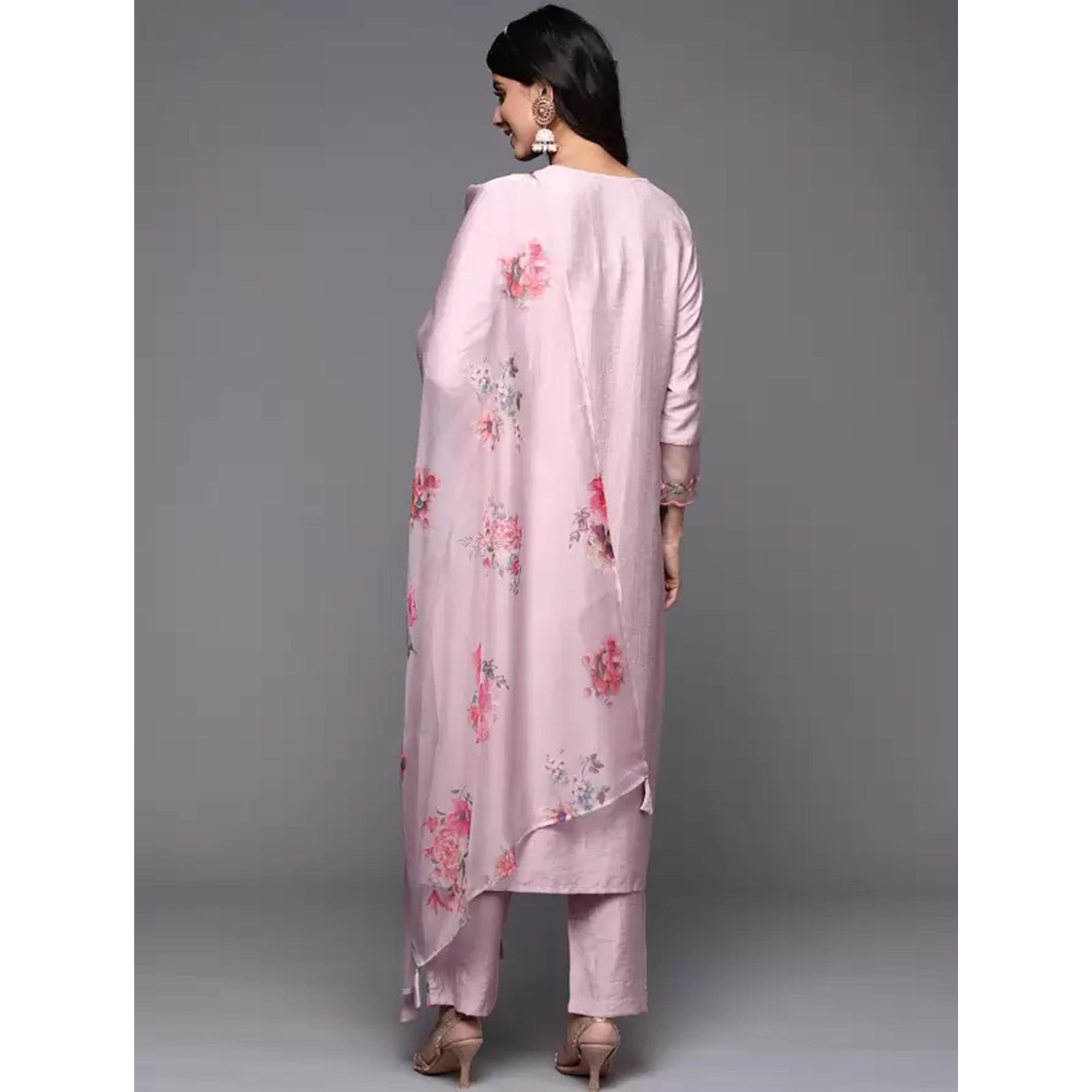 Pink Floral Embroidered Viscose Suit
