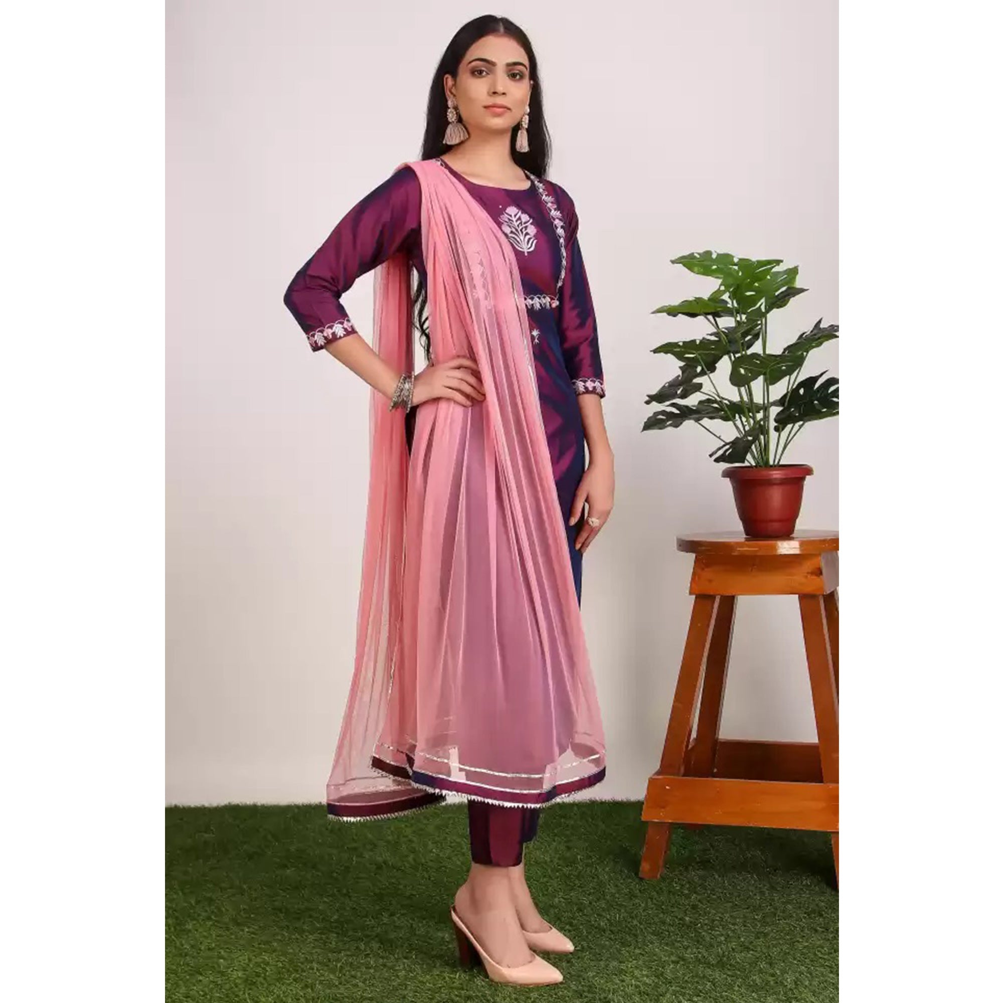 Purple Floral Embroidered Cotton Silk Suit