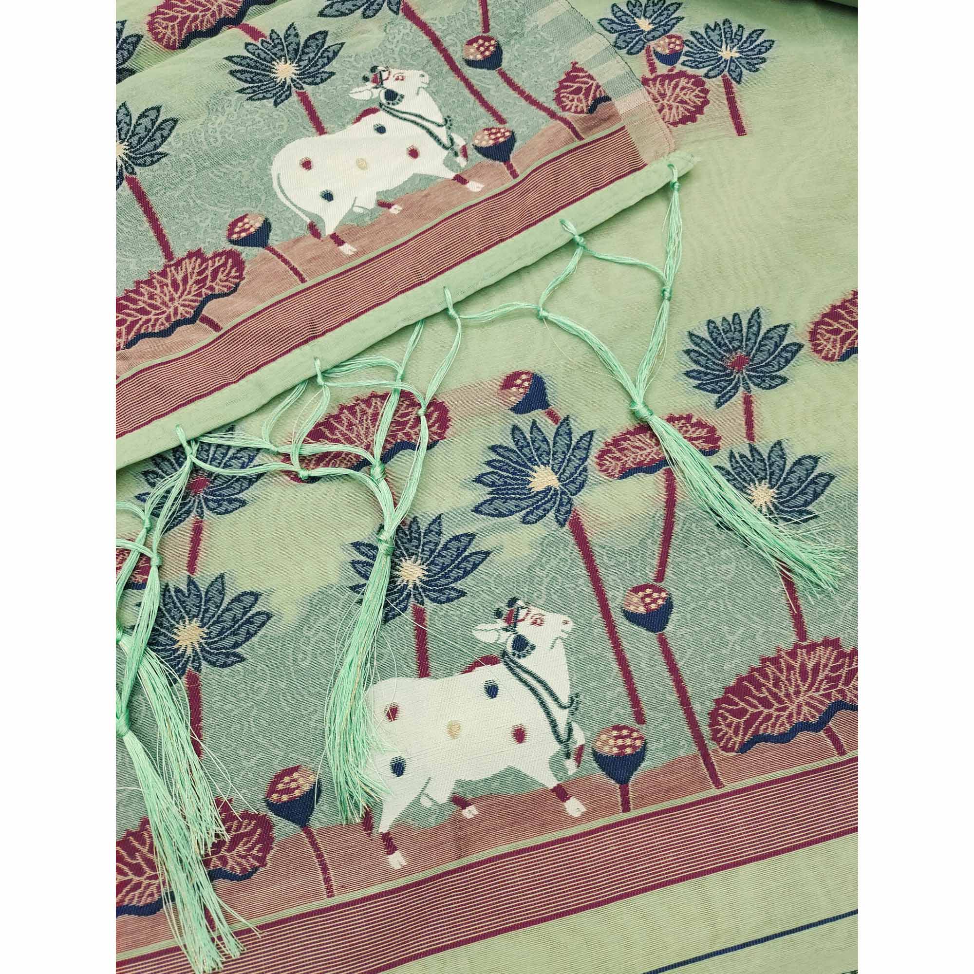 Pista Green Cotton Blend Dress Material With Intricate Floral Zari Weaving Detail