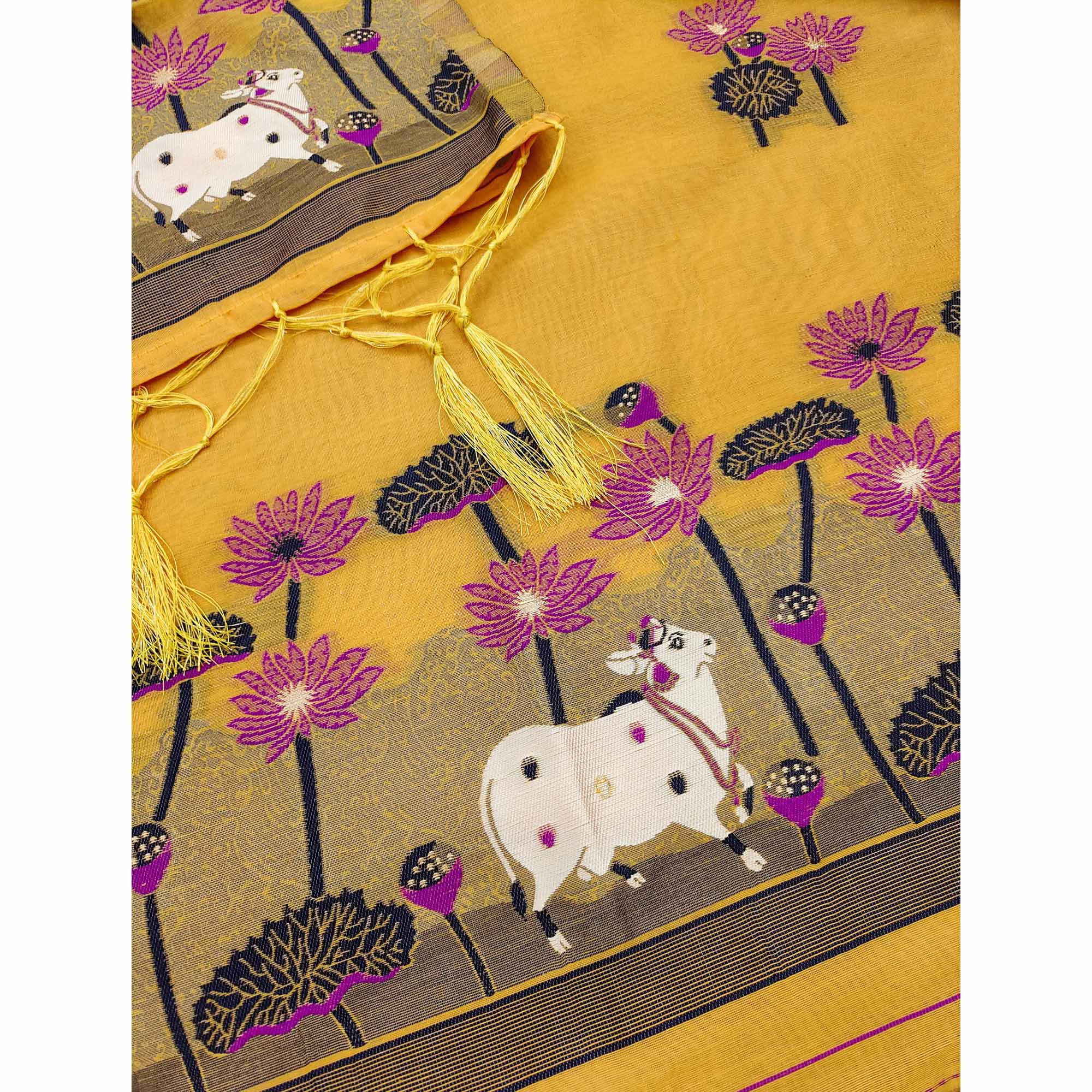 Yellow Cotton Blend Dress Material With Intricate Floral Zari Weaving Detail