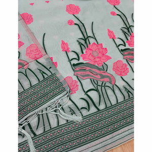 Grey Ethnic Dress Material Showcasing Handloom Style Floral Zari Weaving