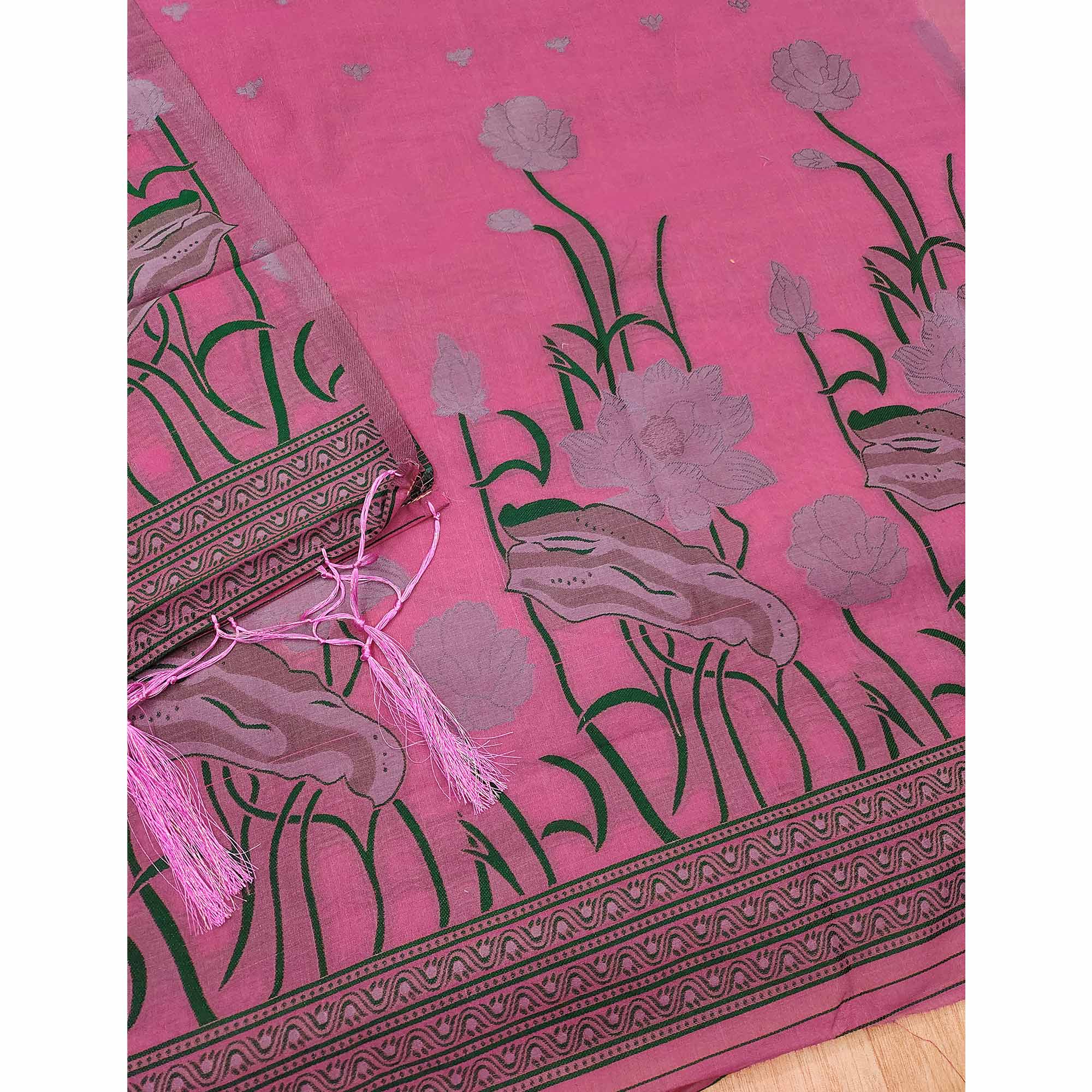 Pink Ethnic Dress Material Showcasing Handloom Style Floral Zari Weaving