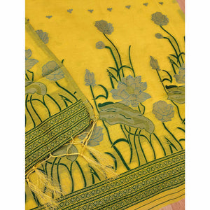 Yellow Ethnic Dress Material Showcasing Handloom Style Floral Zari Weaving