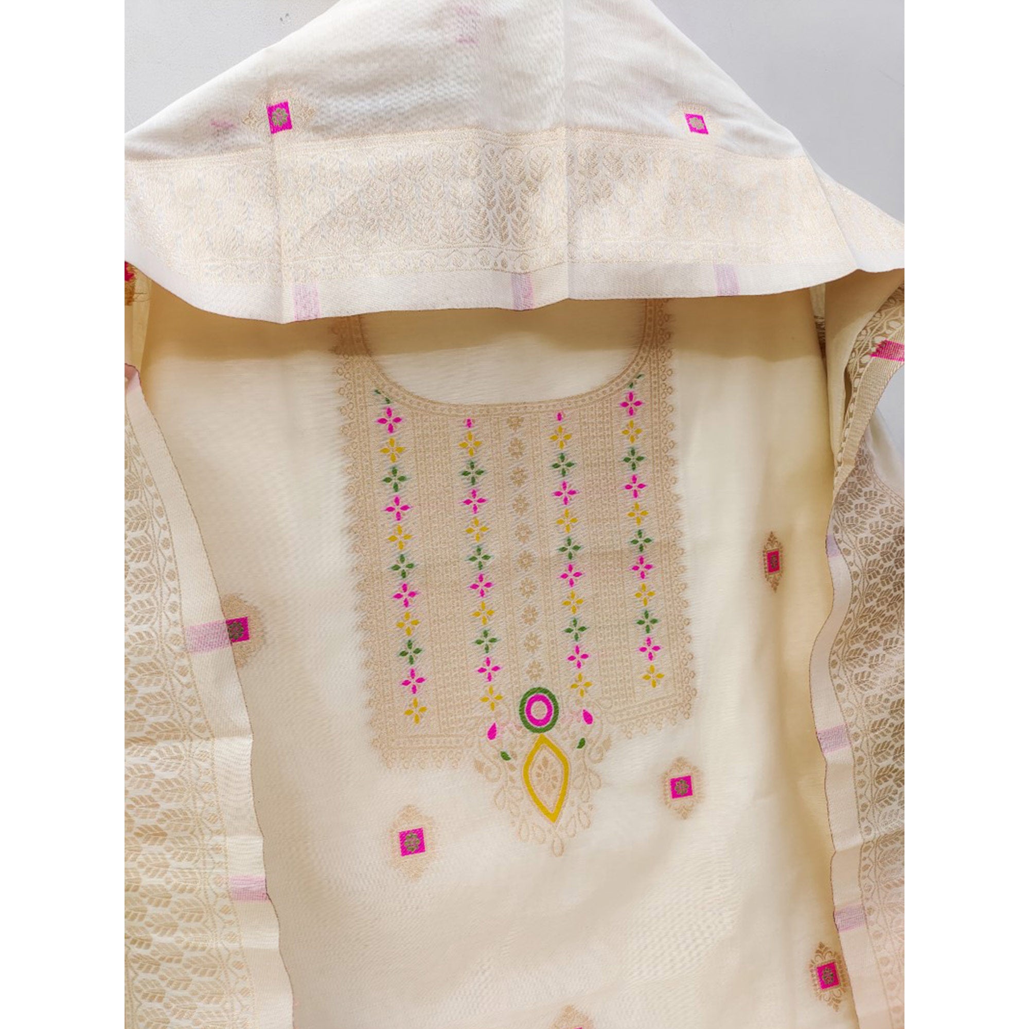 Off White Floral Woven Chanderi Dress Material