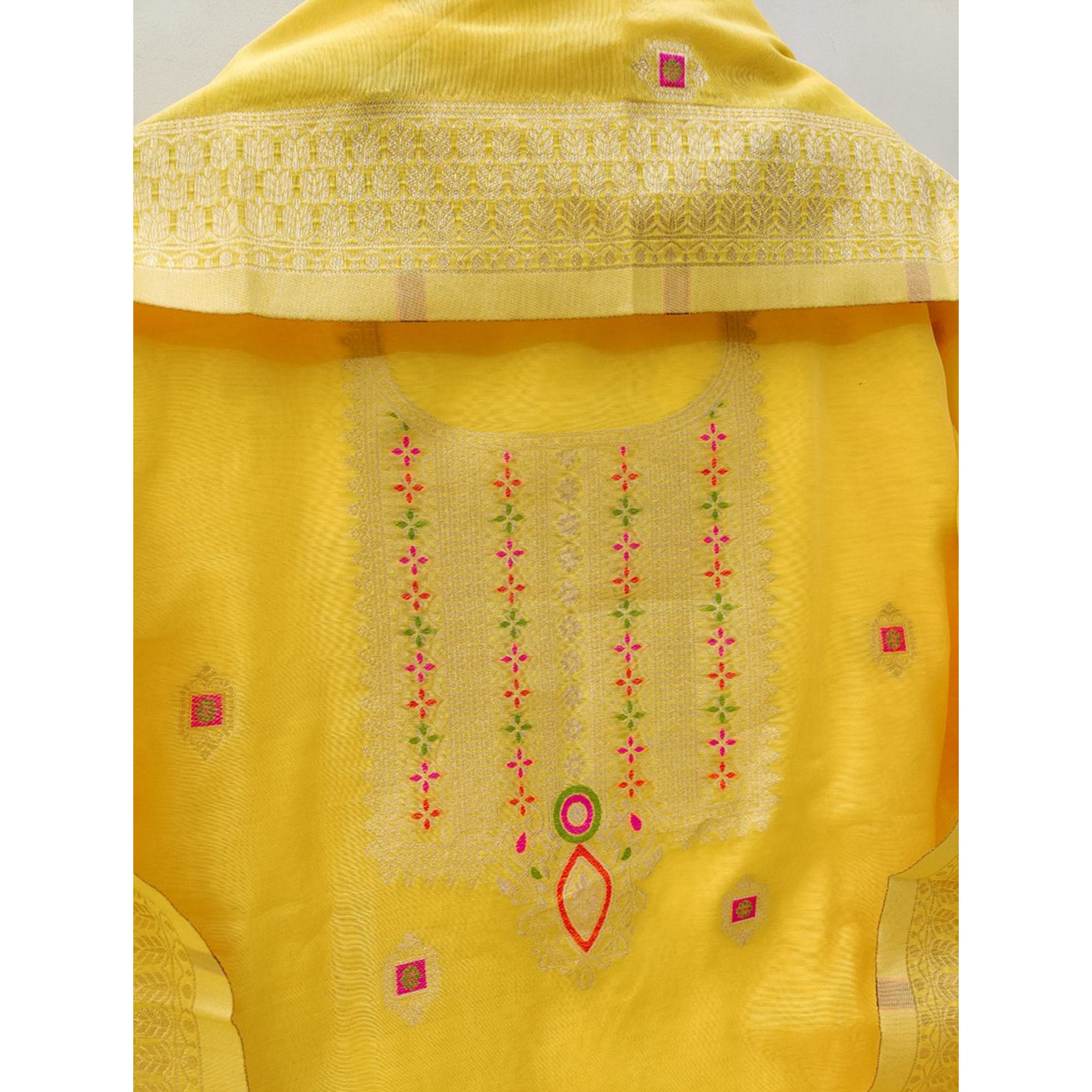 Yellow Floral Woven Chanderi Dress Material