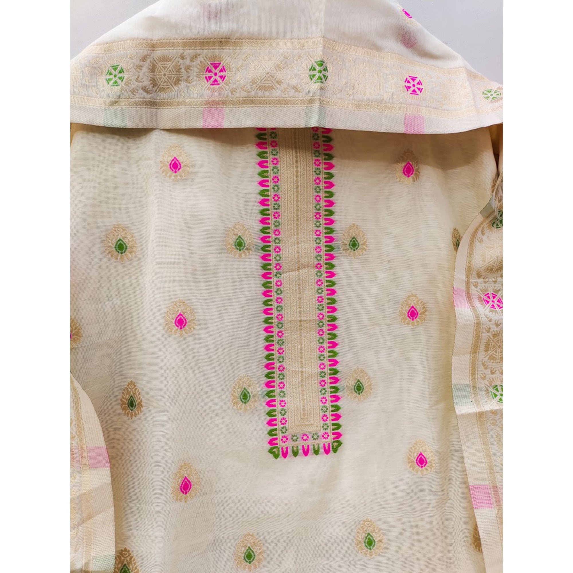 Off White Floral Woven Chanderi Dress Material